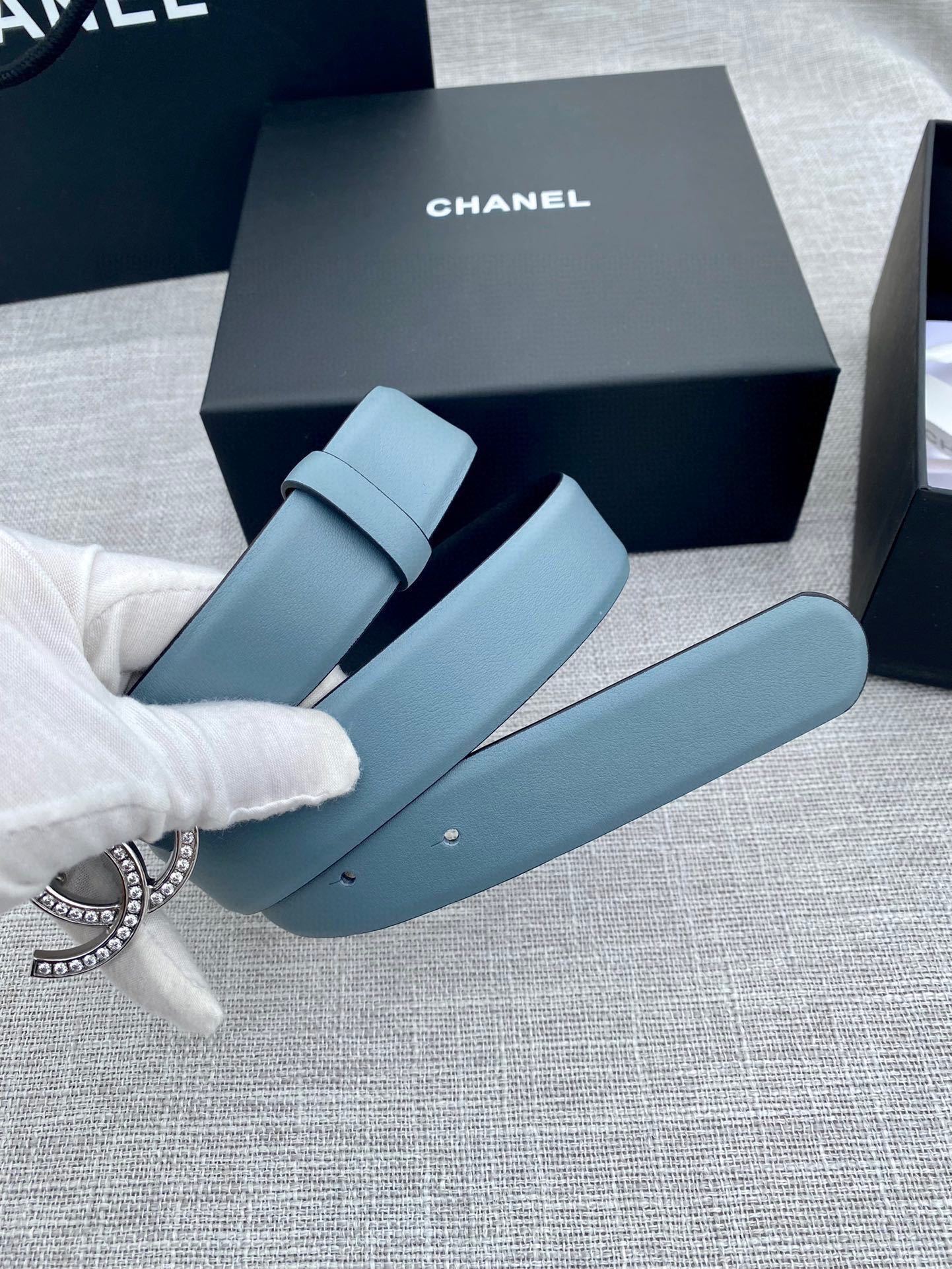 Chanel Crystal CC Buckle Leather Belt - Dusty Blue