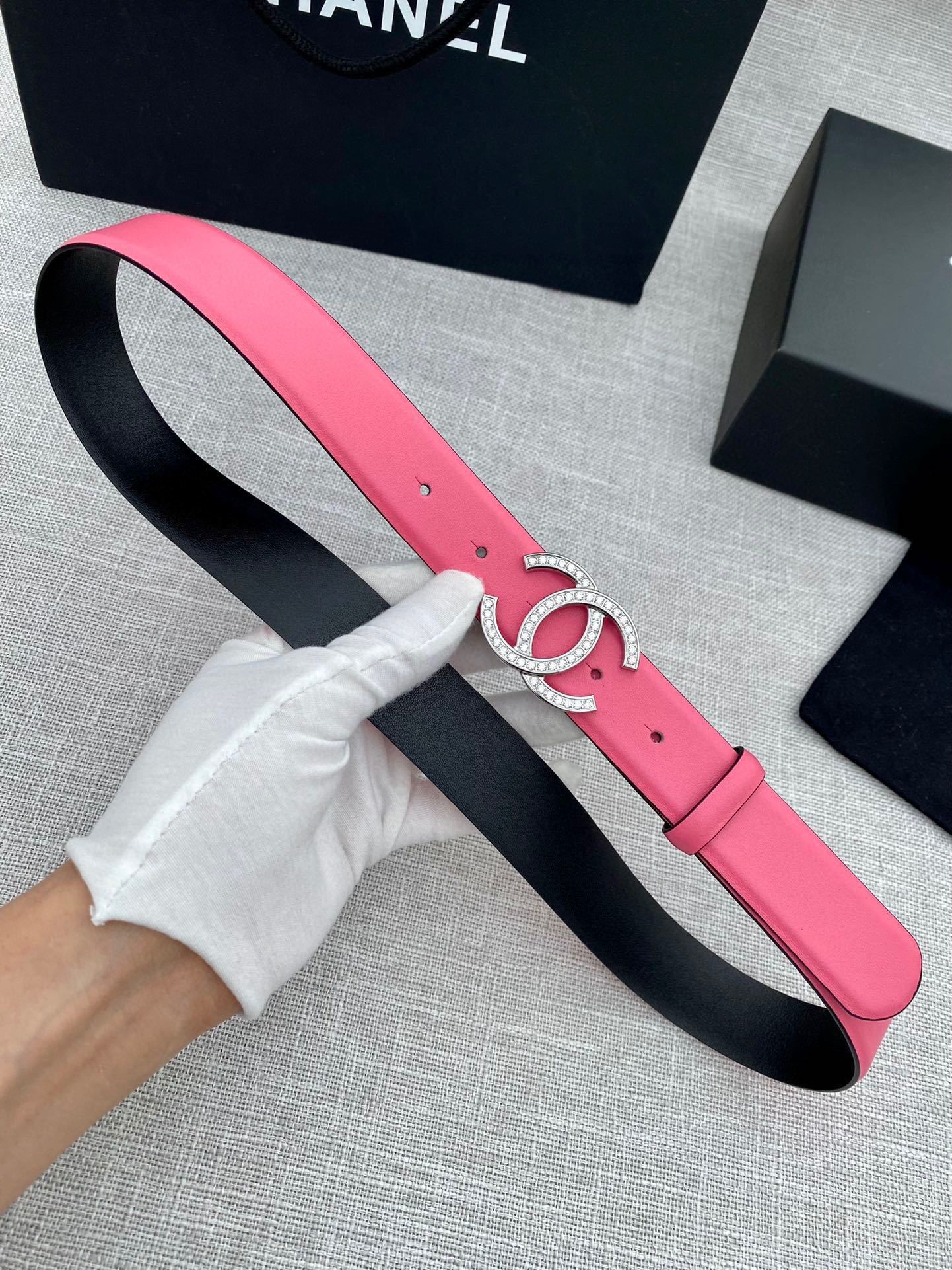 Luxury Pink Leather Belt with Crystal Encrusted CC Buckle