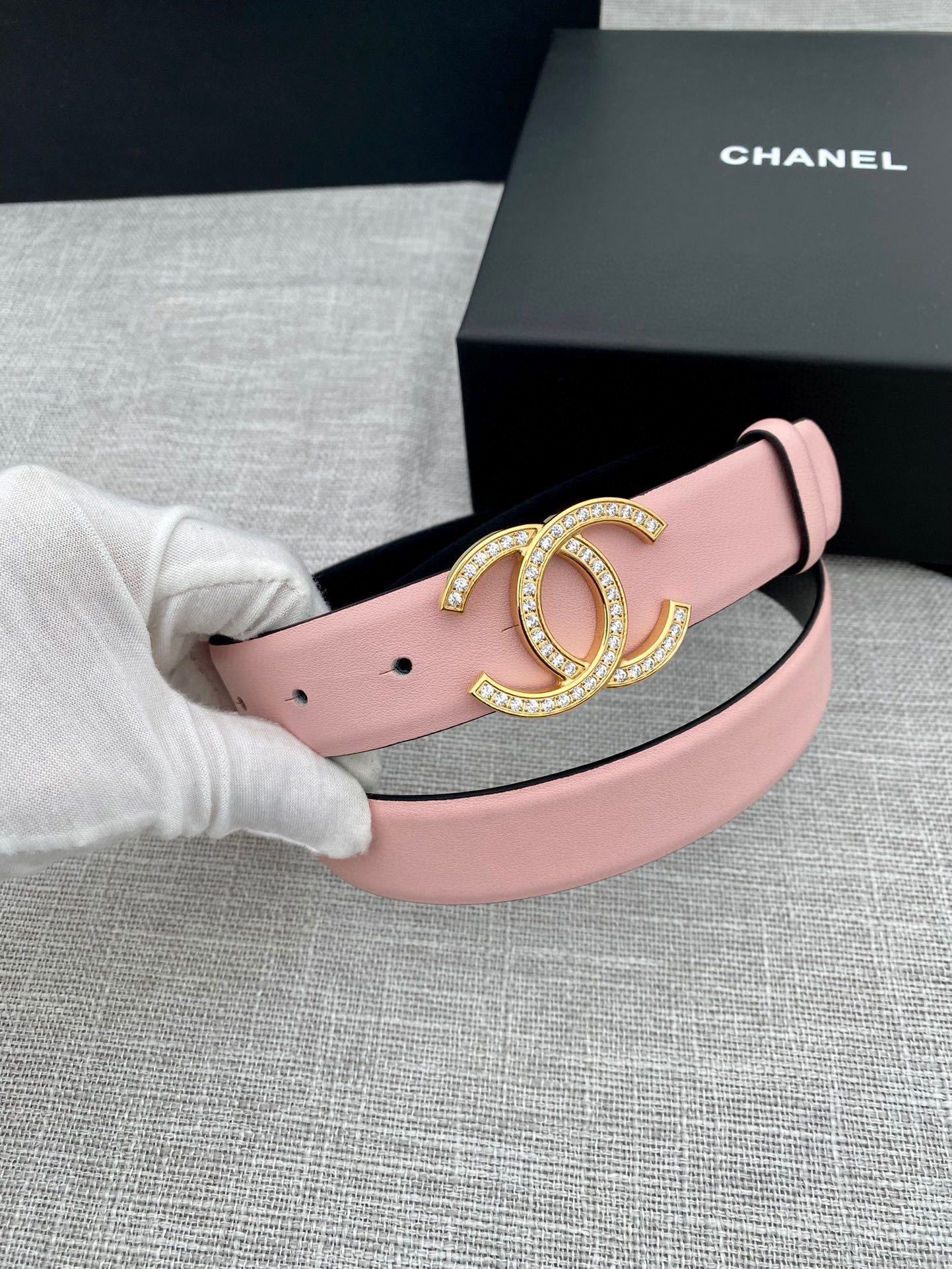 Chanel Pink Leather Belt with Crystal CC Gold Buckle