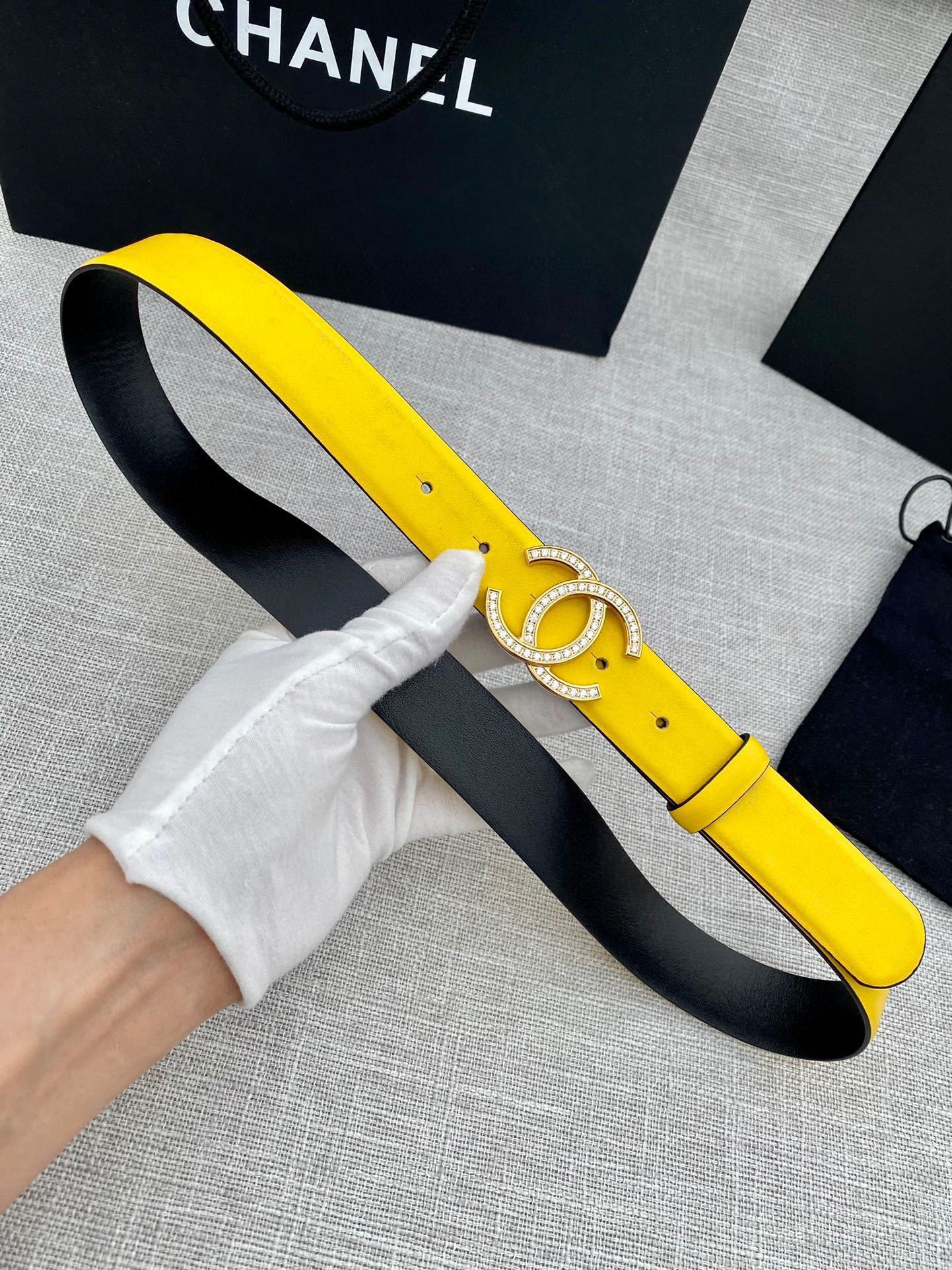 Luxury Yellow Leather Belt with Crystal CC Buckle