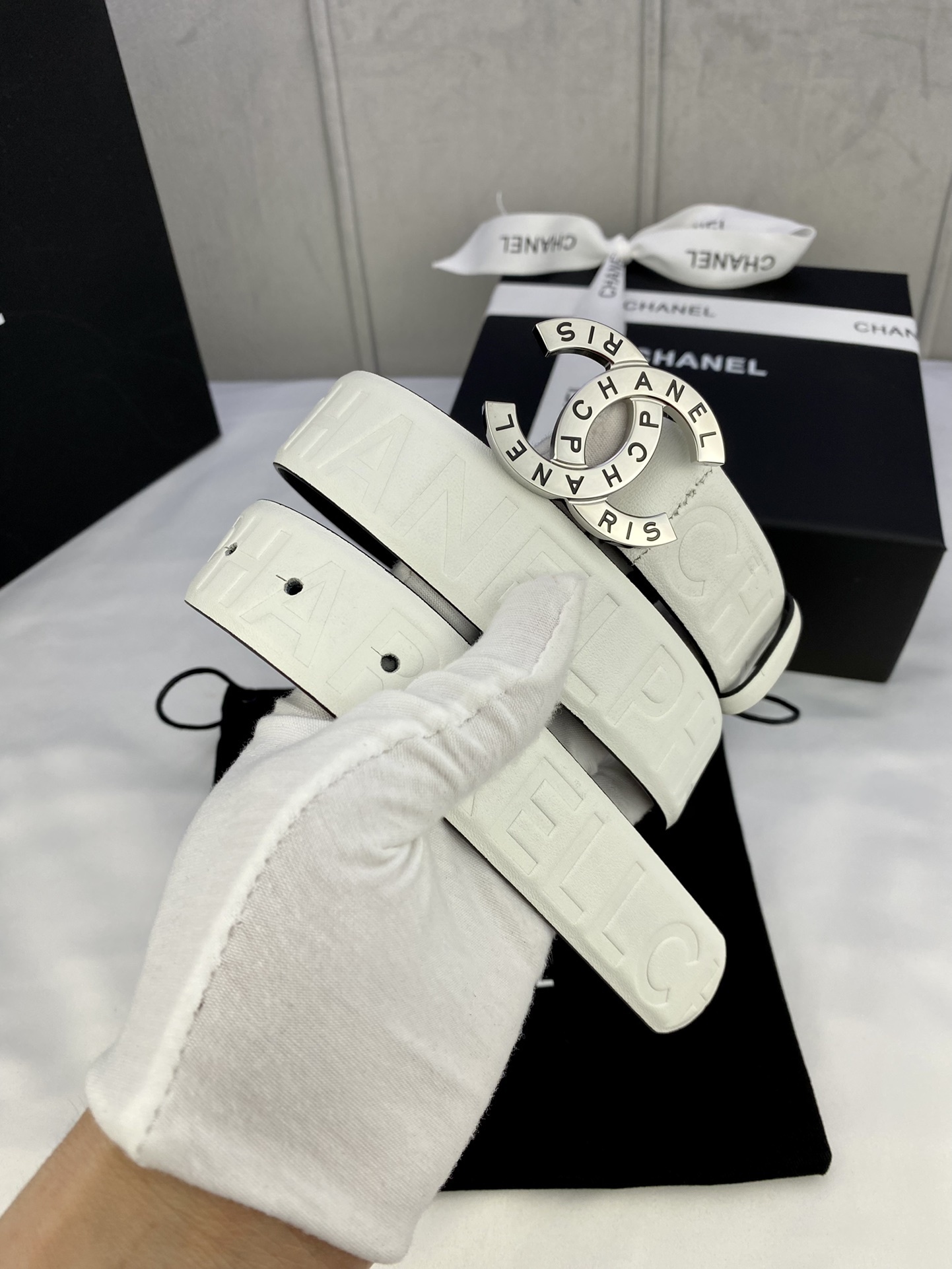 Chanel White Embossed Leather Belt with Silver CC Buckle