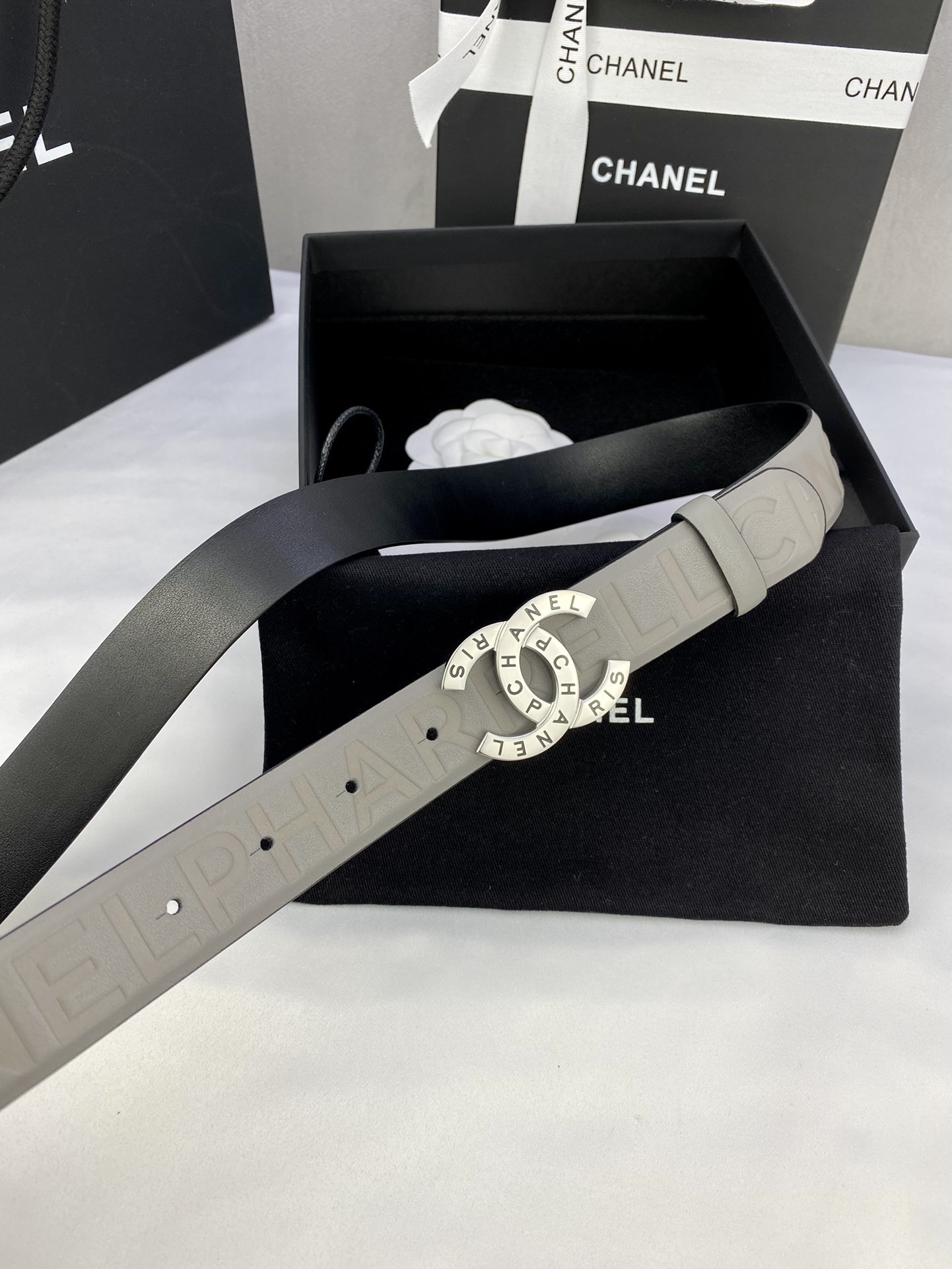Chanel x Pharrell Grey Embossed Leather Belt with Silver CC Buckle