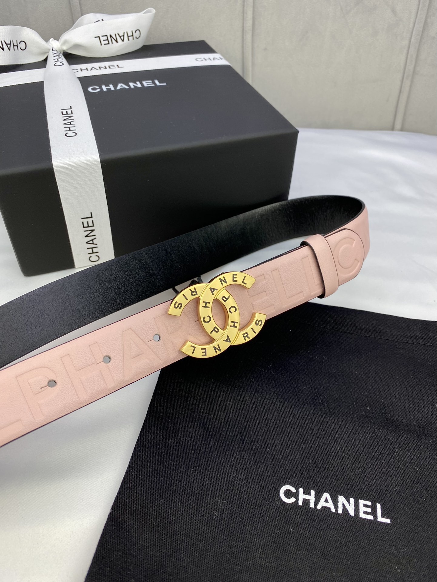 Chanel Pink Leather Belt with Gold CC Logo Buckle