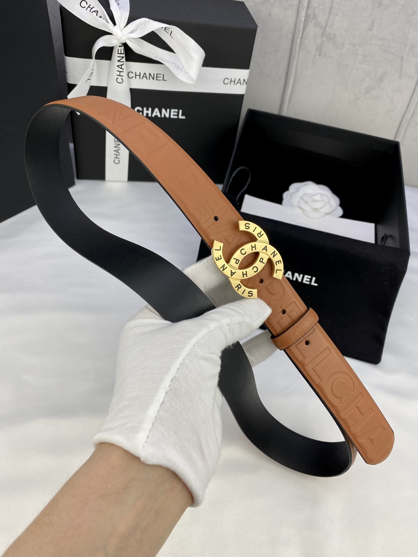 Chanel Tan Embossed Leather Belt with Gold CC Paris Buckle