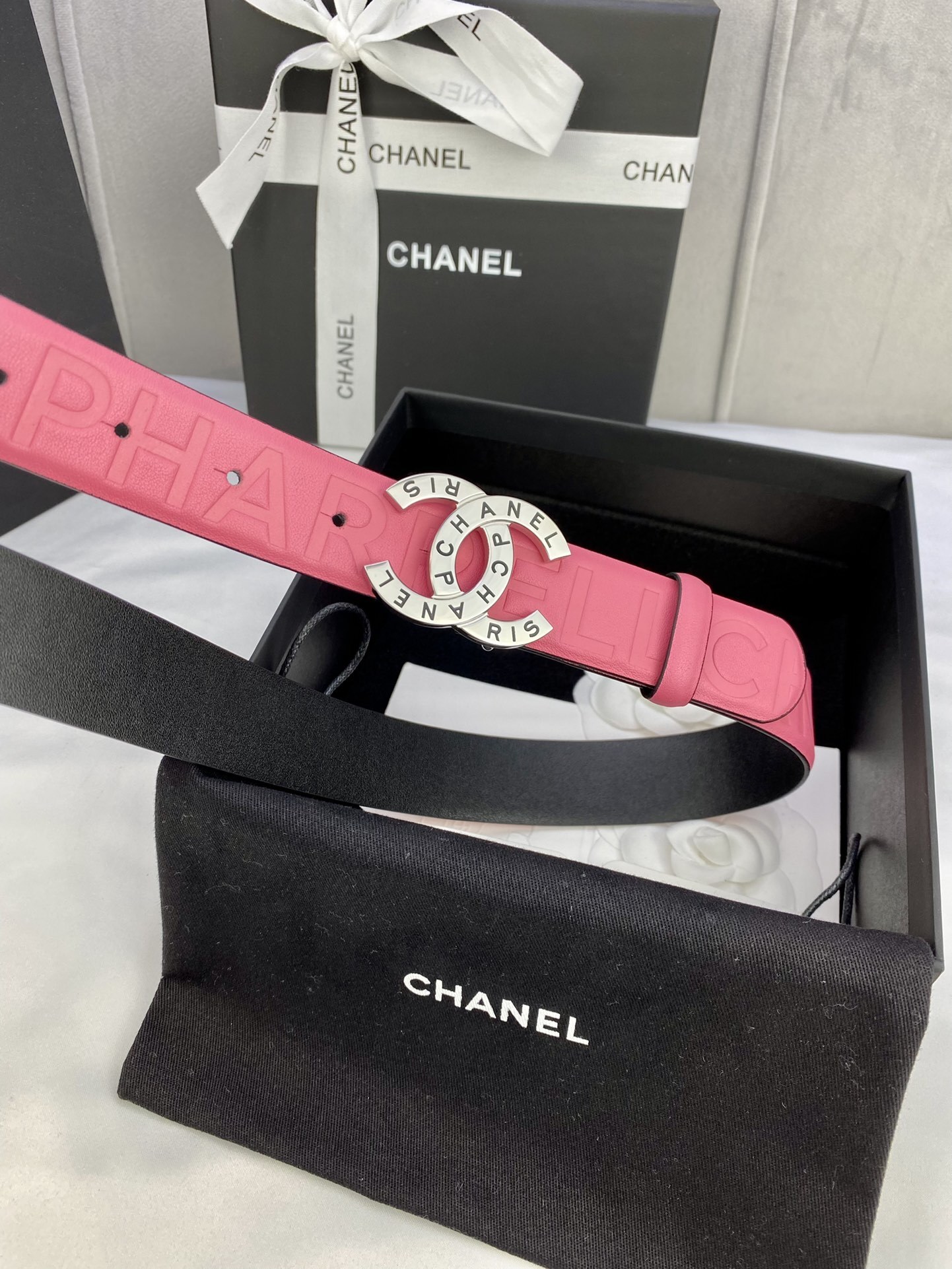 Chanel x Pharrell Pink Leather Belt with Silver CC Buckle