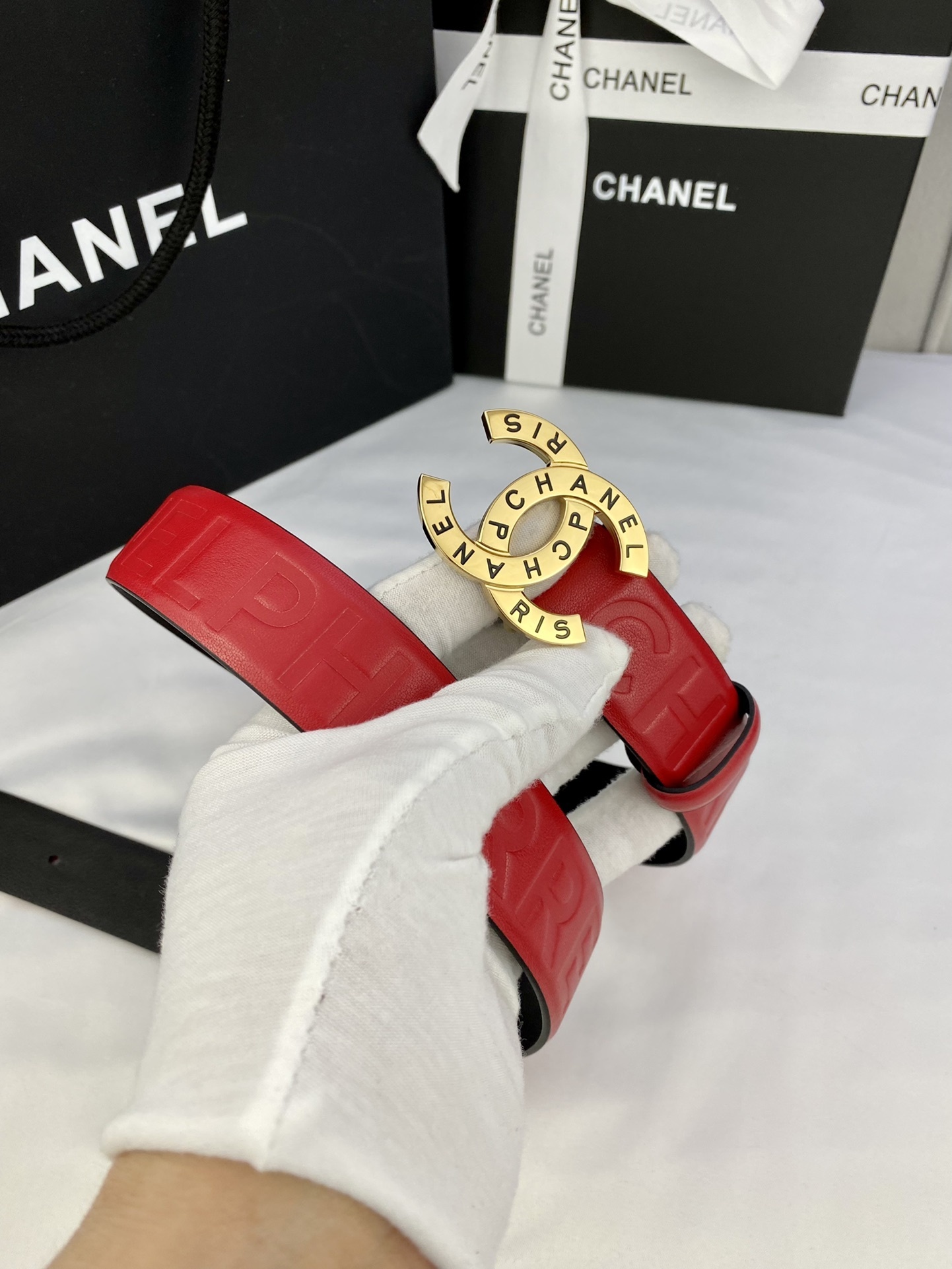 Chanel Red Leather Belt with Gold CC Buckle - Luxury Accessory