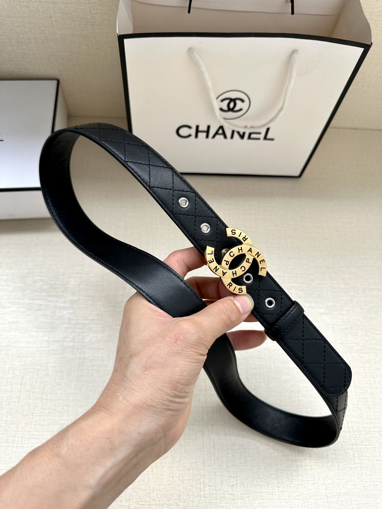 Chanel Quilted Leather Belt with Gold CC Paris Buckle