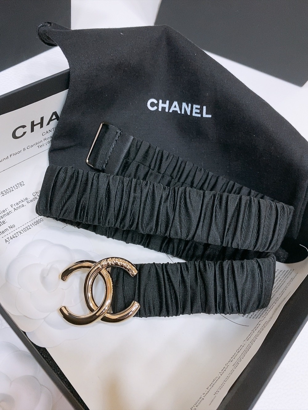Chanel Black Gathered Elastic Waist Belt with Gold CC Buckle