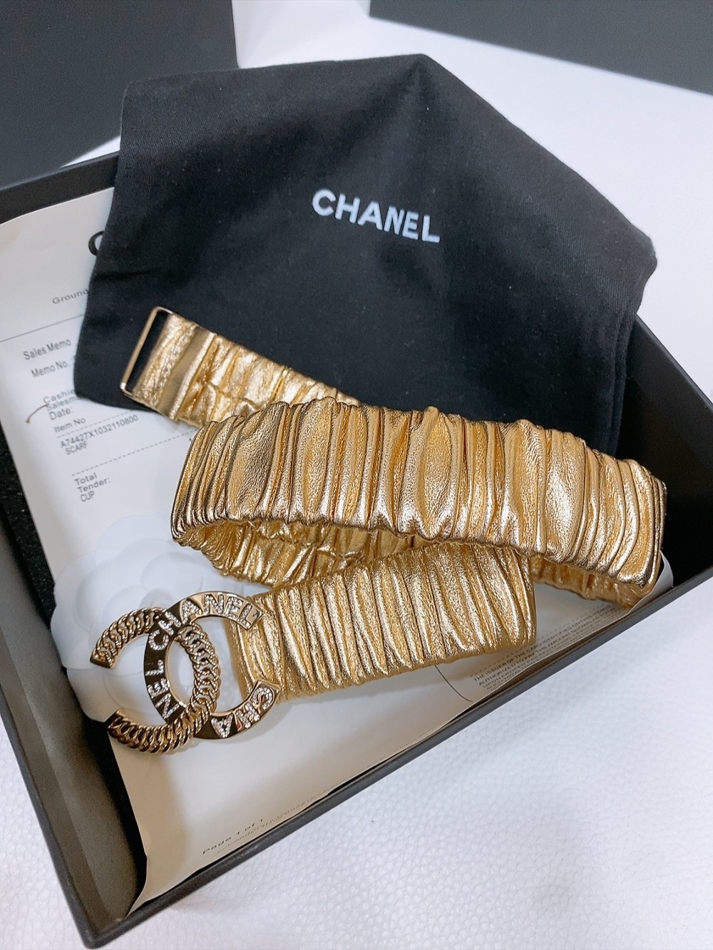 Chanel Gold Metallic Elastic Waist Belt with Crystal CC Logo
