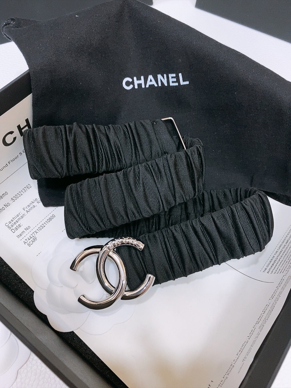 Chanel Black Ruched Elastic Belt with Silver CC Buckle