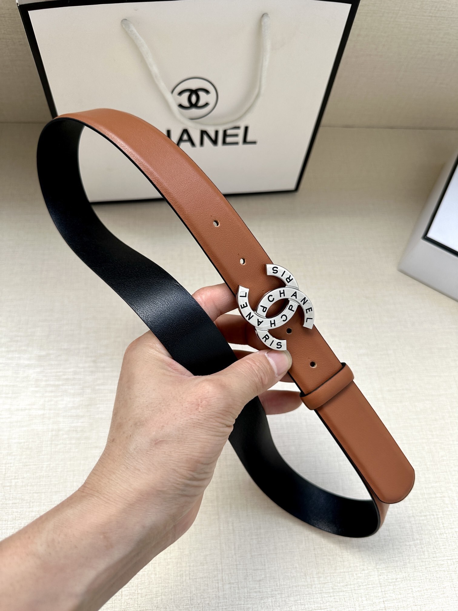 Chanel Reversible Leather Belt - Tan & Black Silver Buckle