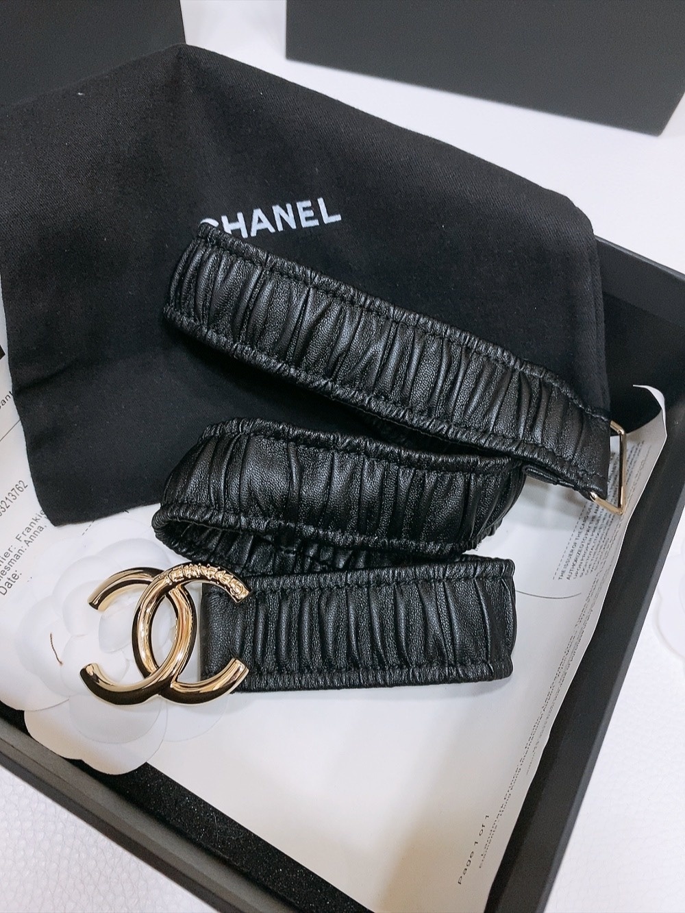 Chanel Ruched Black Leather Belt with Gold CC Buckle
