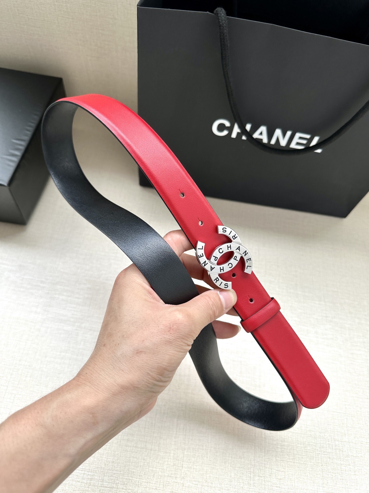 Chanel Red Leather Belt with Silver CC Logo Buckle