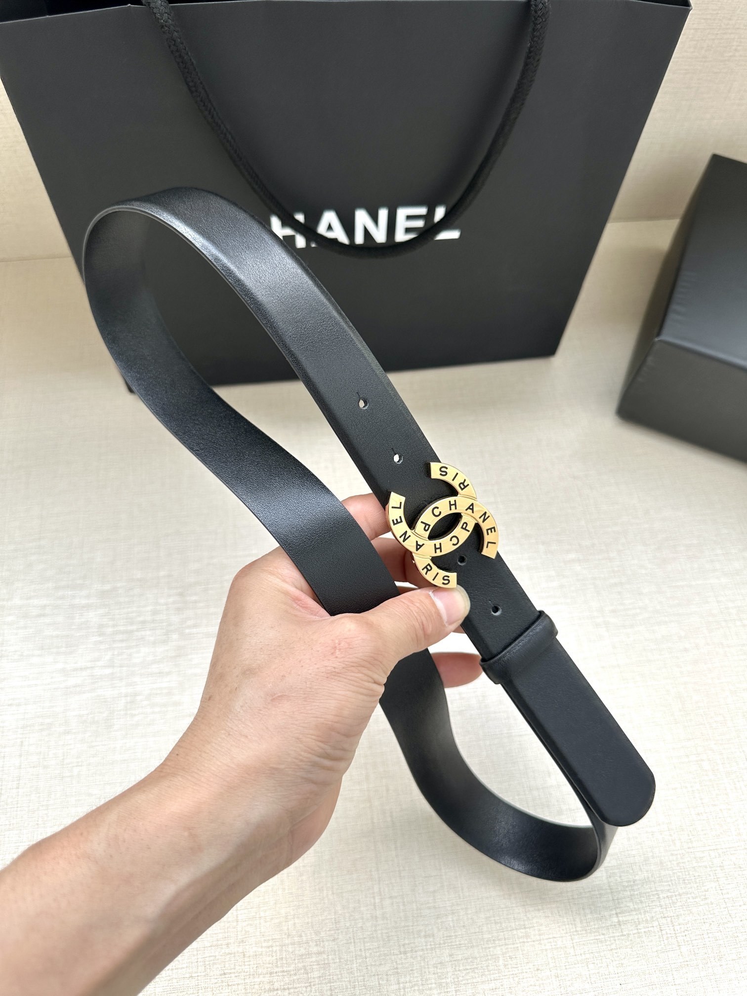 Chanel Black Leather Belt with Gold CC Paris Buckle
