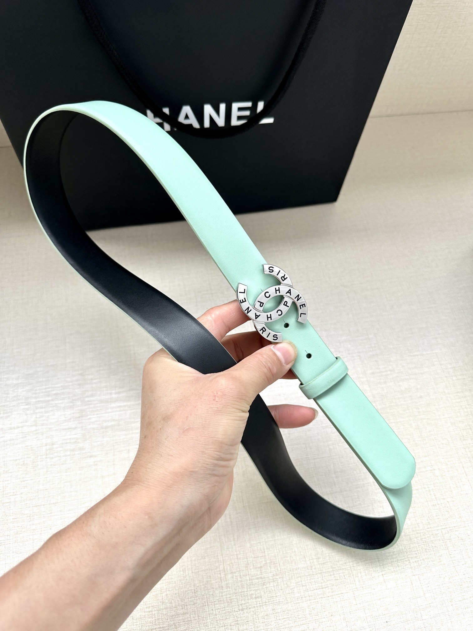 Luxury Chanel Mint Green Leather Belt with Silver CC Buckle