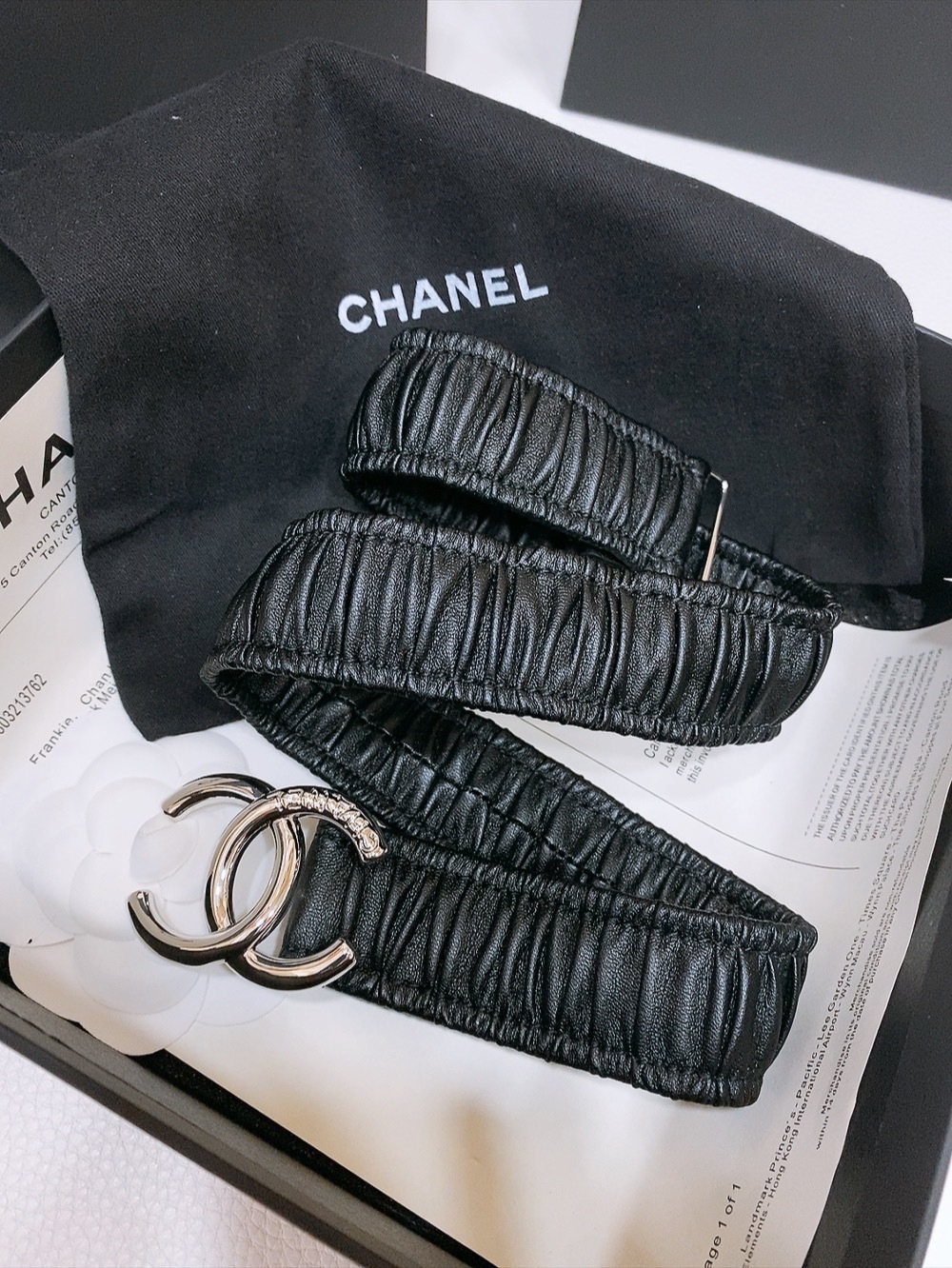 Chanel Black Ruched Leather Belt with Silver CC Buckle