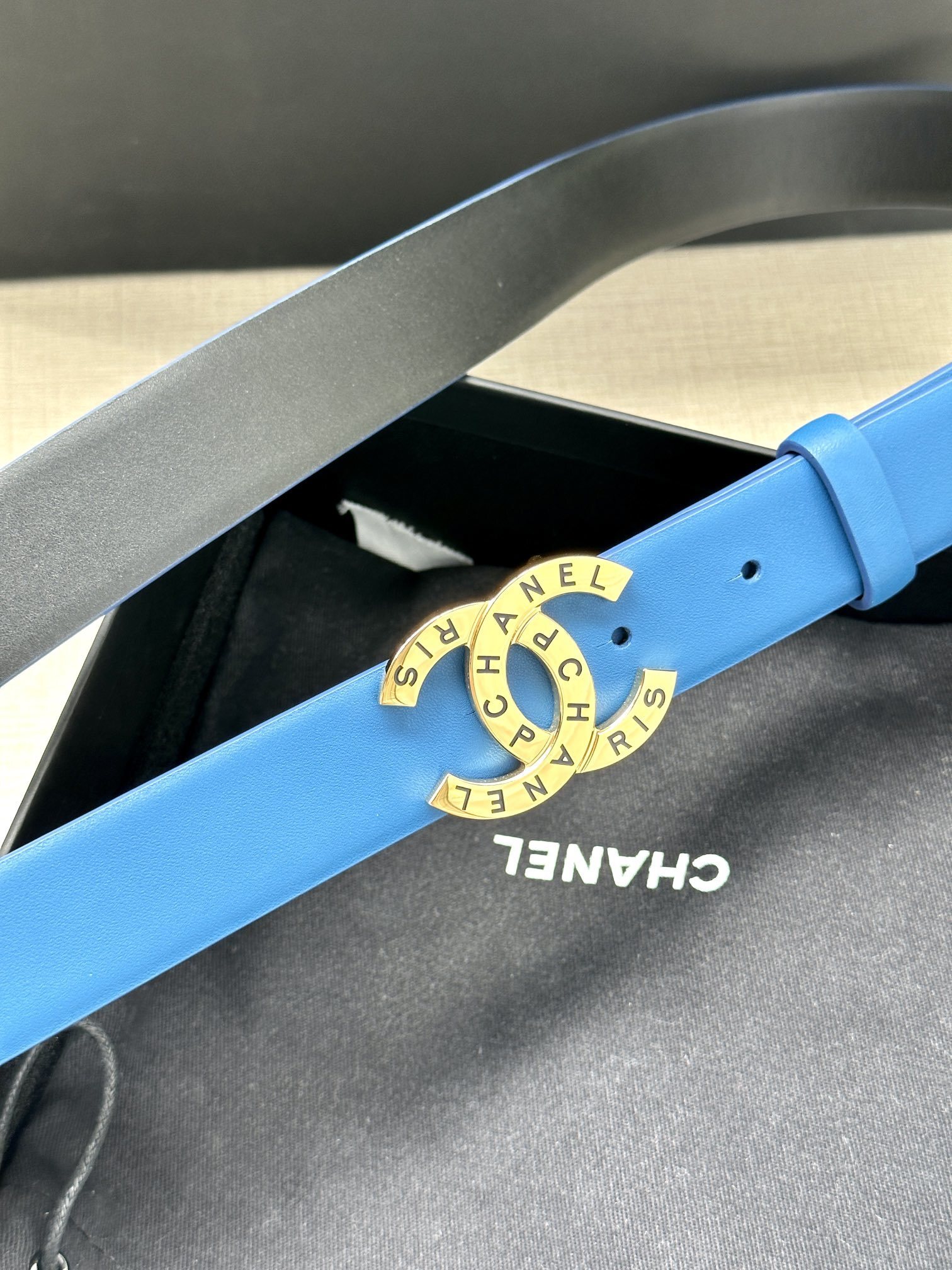 Chanel Blue Leather Belt with Gold Interlocking CC Buckle