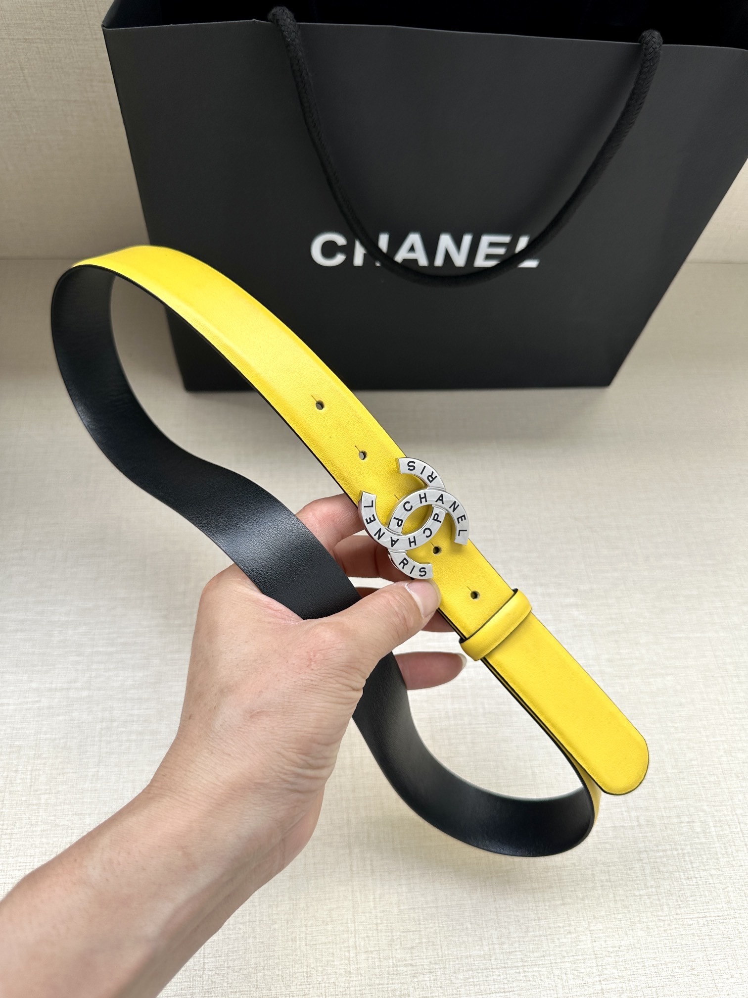 Chanel Reversible Leather Belt - Yellow & Black Silver Buckle