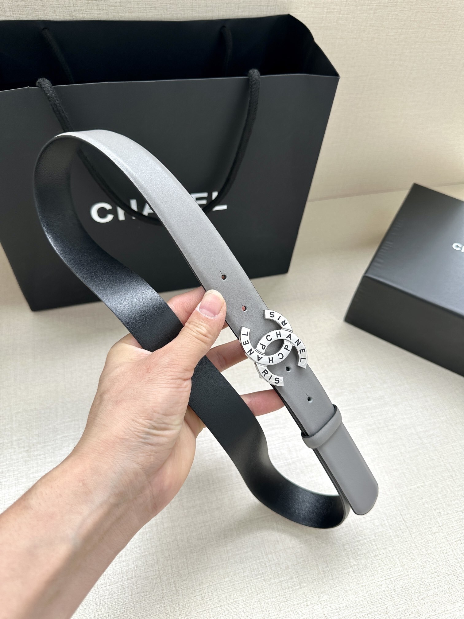 Chanel Grey Leather Belt with Silver CC Logo Buckle