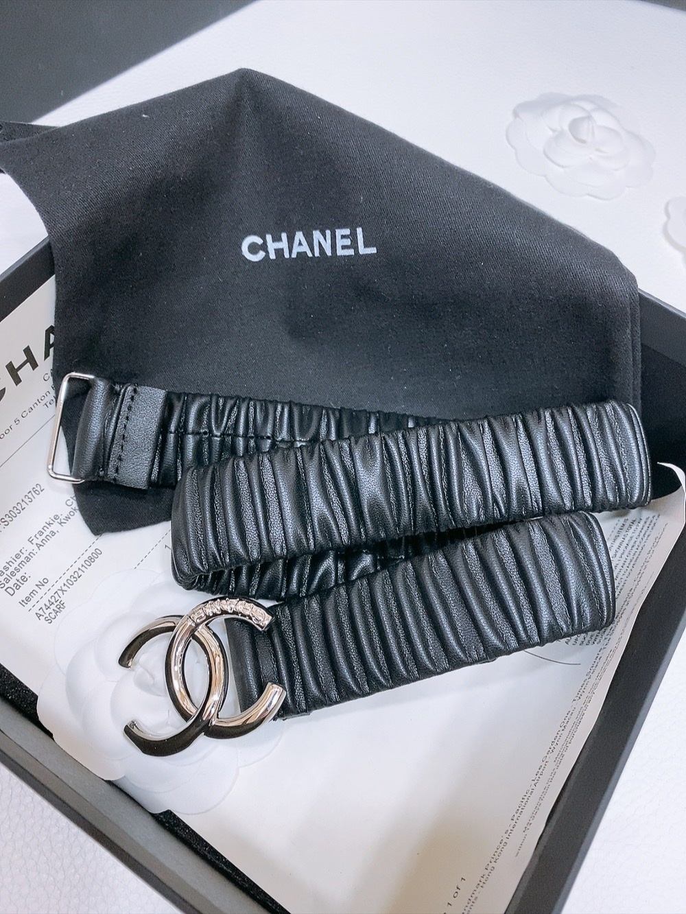 Chanel Black Ruched Leather Belt with Silver-Tone CC Buckle