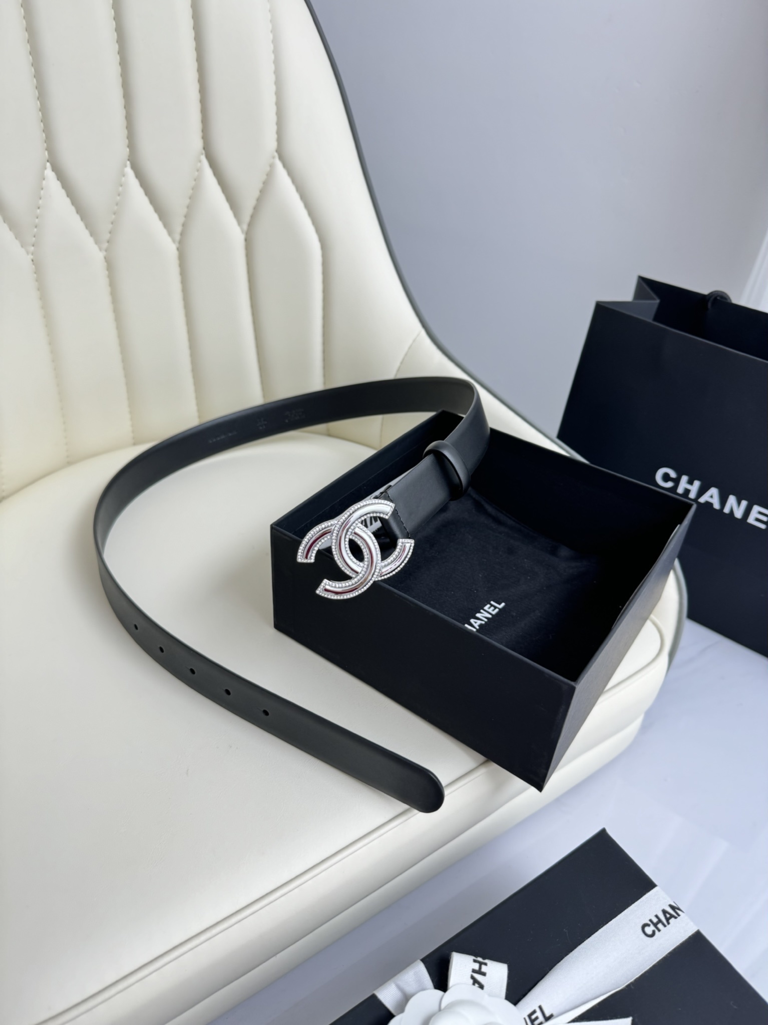 Chanel Crystal Double C Buckle Black Leather Belt