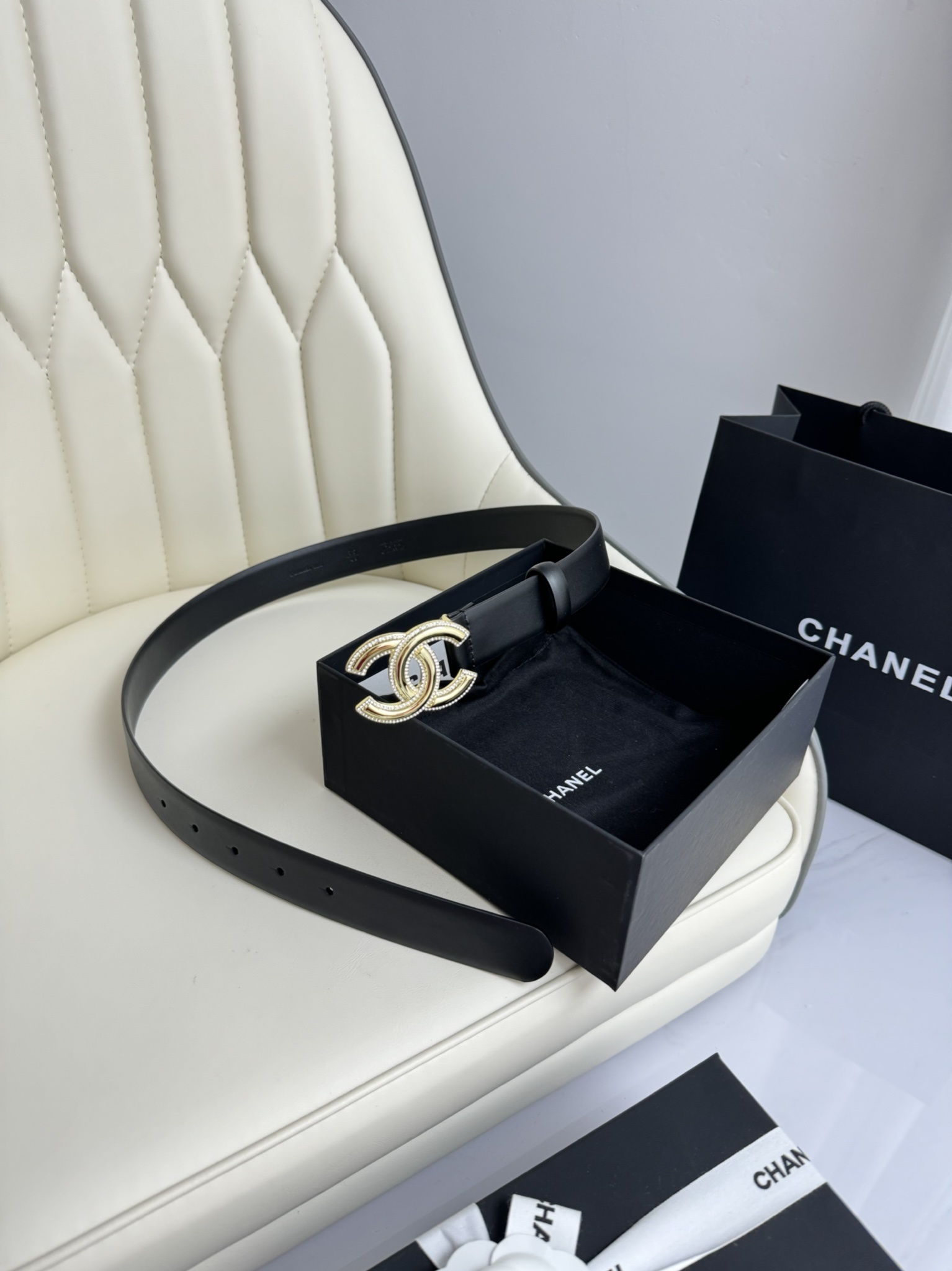 Chanel Black Leather Belt with Crystal-Encrusted Gold CC Buckle
