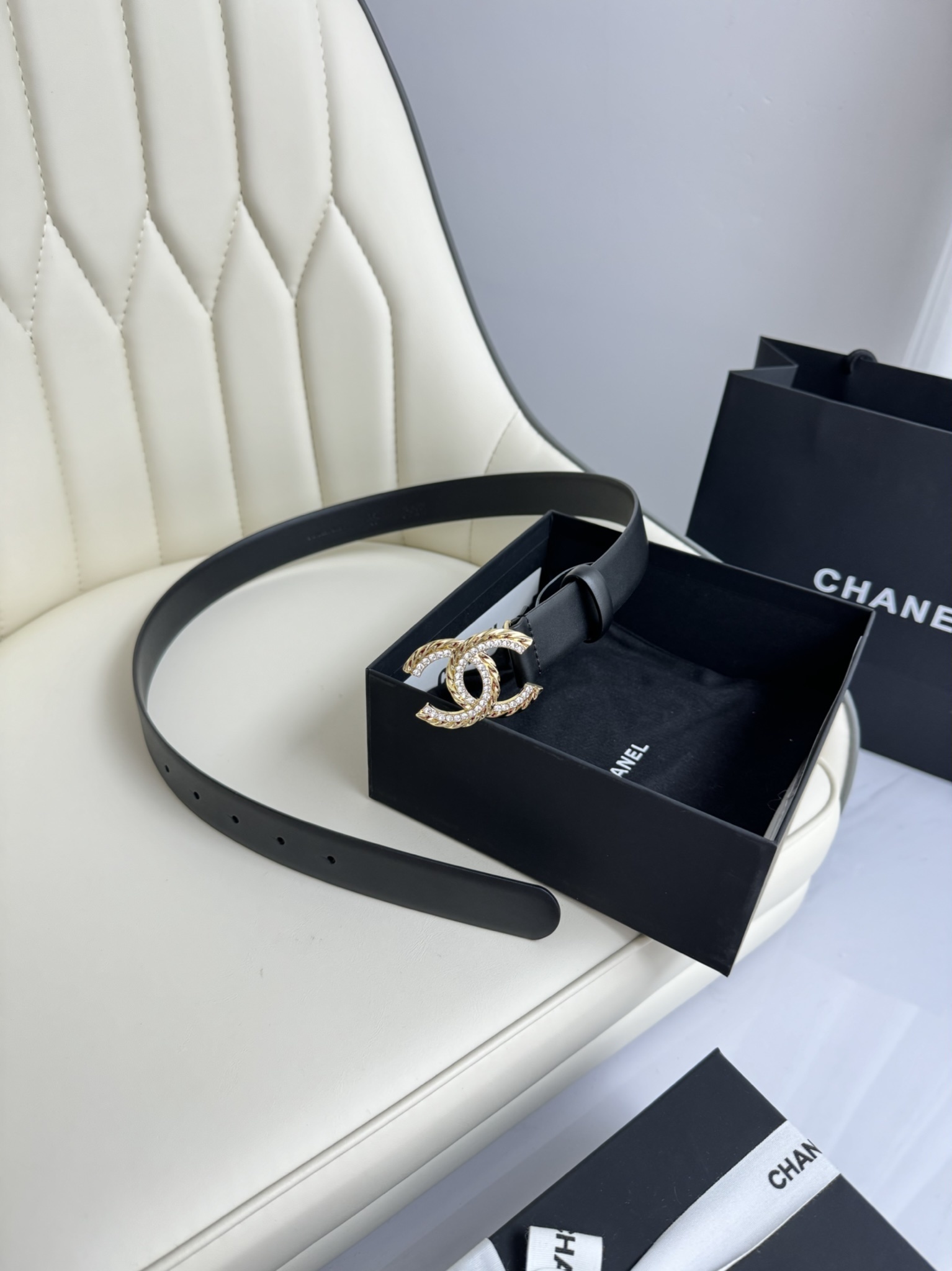Chanel Crystal CC Buckle Black Leather Belt - Luxury Accessory