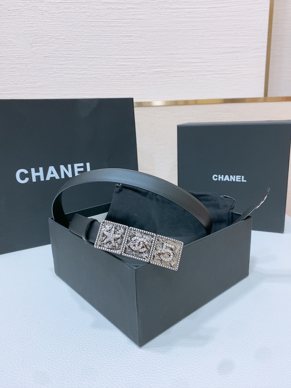 Chanel Black Leather Belt with Crystal Star CC Number 5 Buckle