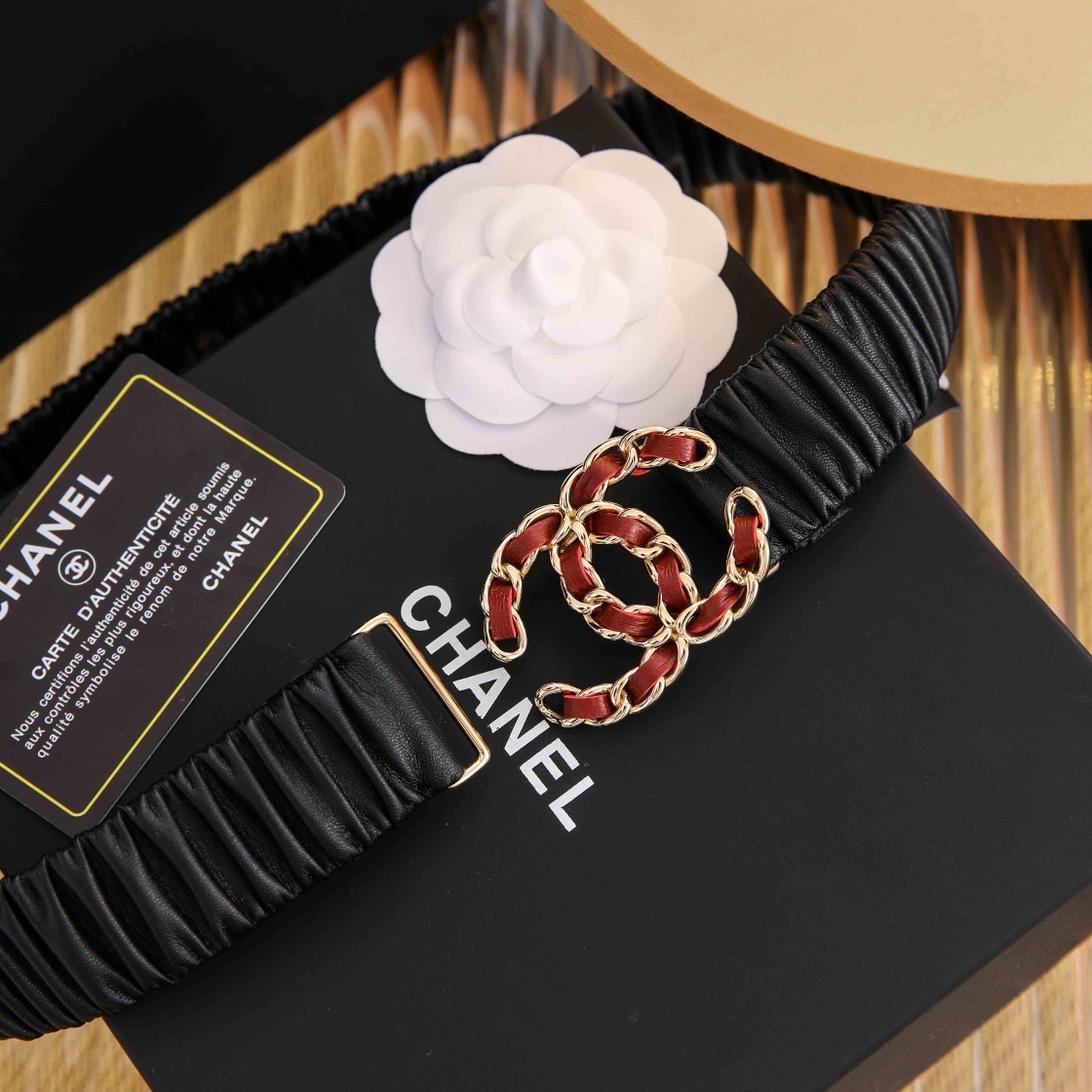 Chanel Ruched Leather Belt with Gold & Red CC Buckle