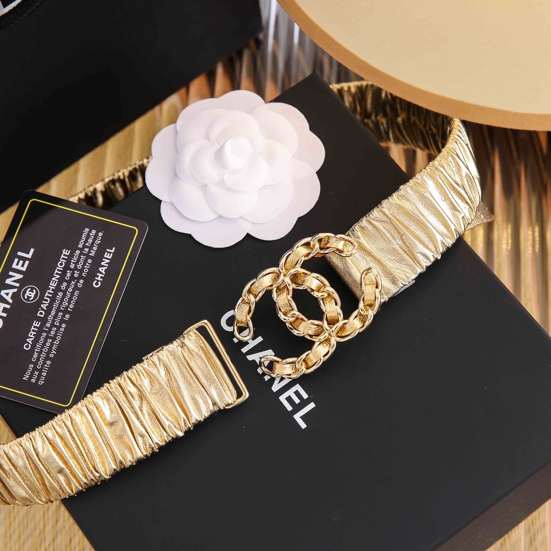 Chanel Gold Metallic Ruched Belt with CC Chain Buckle