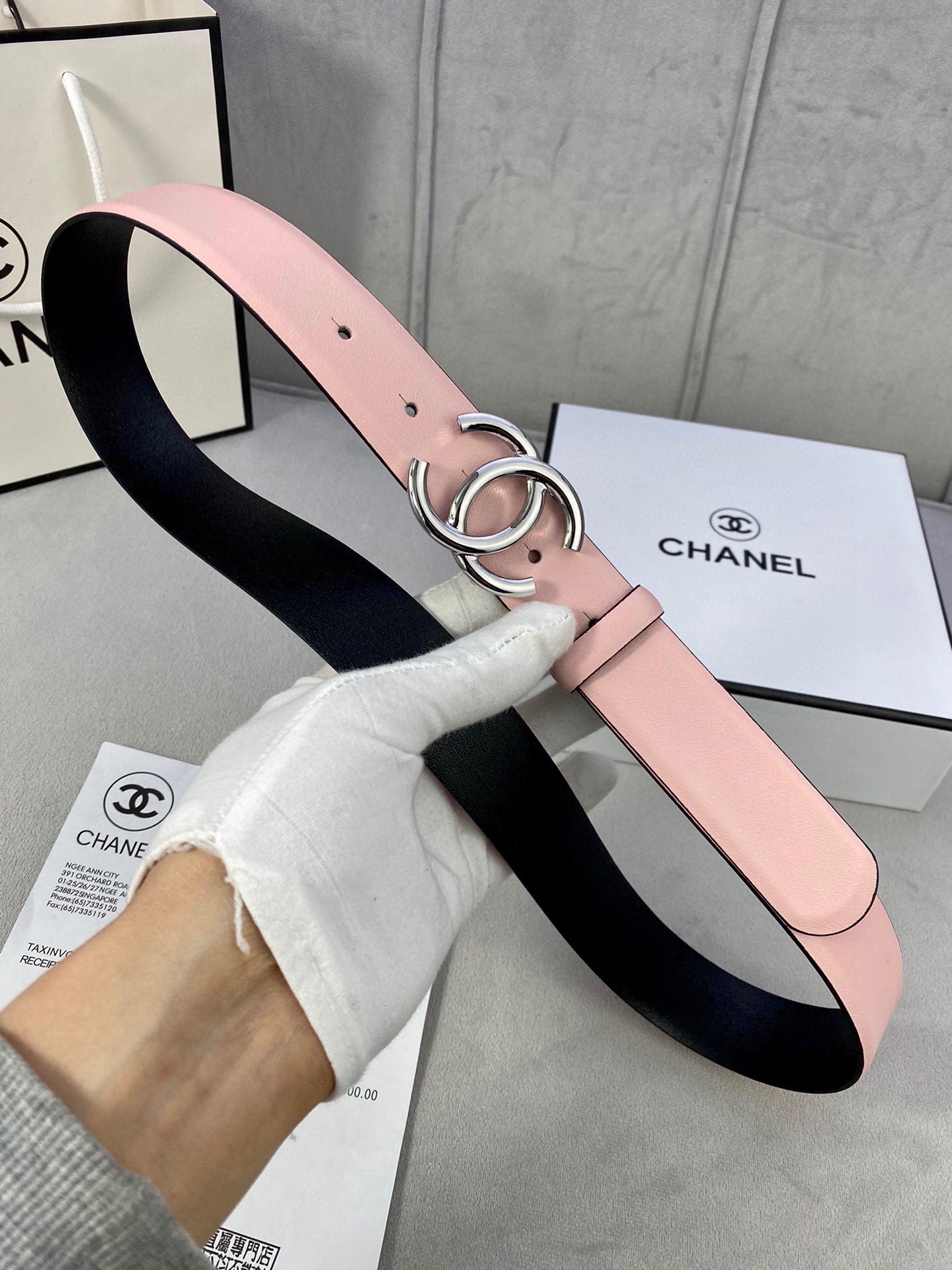 Chanel Reversible Leather Belt with Silver CC Buckle - Pink