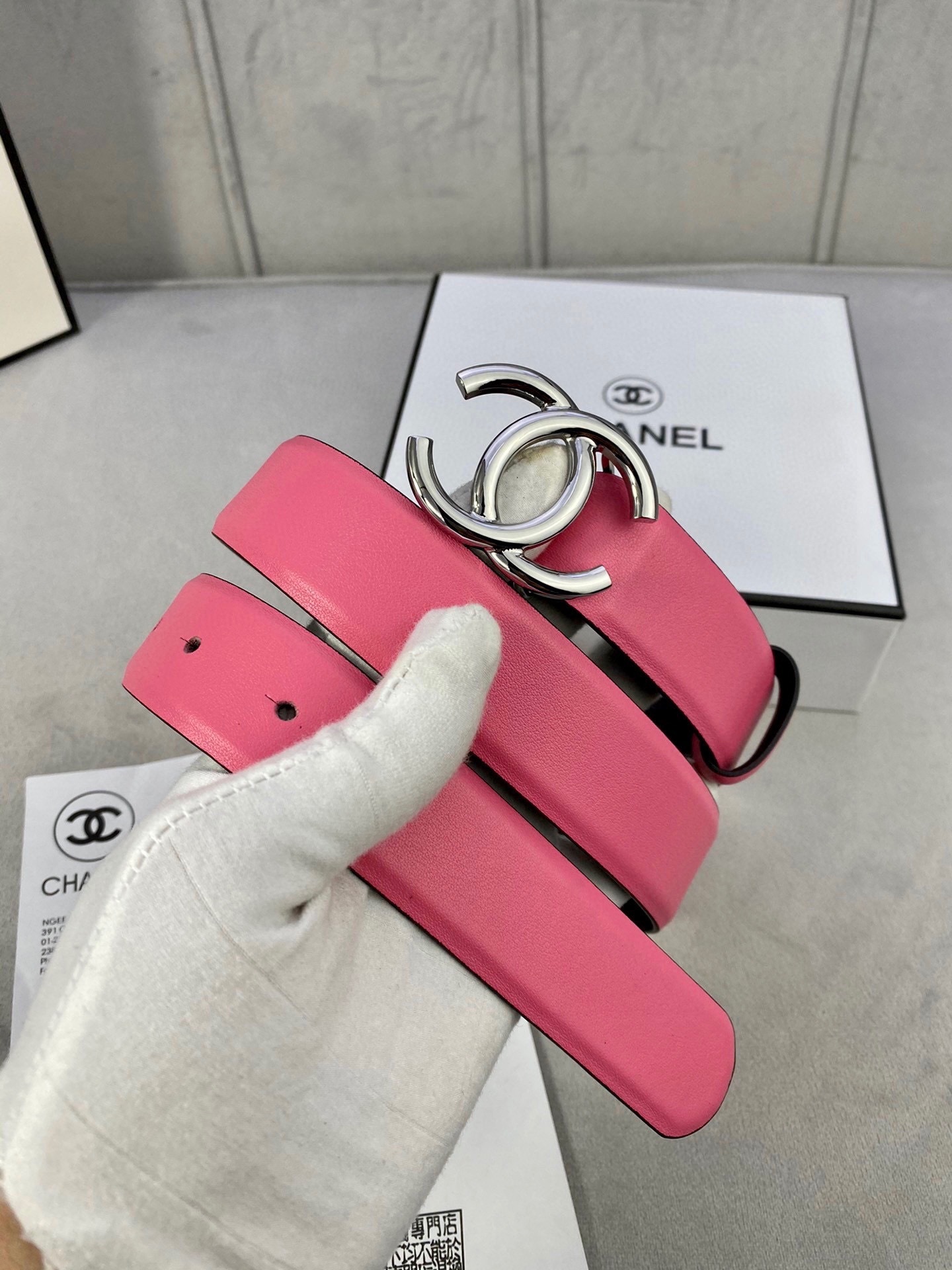 Chanel Pink Leather Belt with Silver CC Buckle - Luxury Accessory