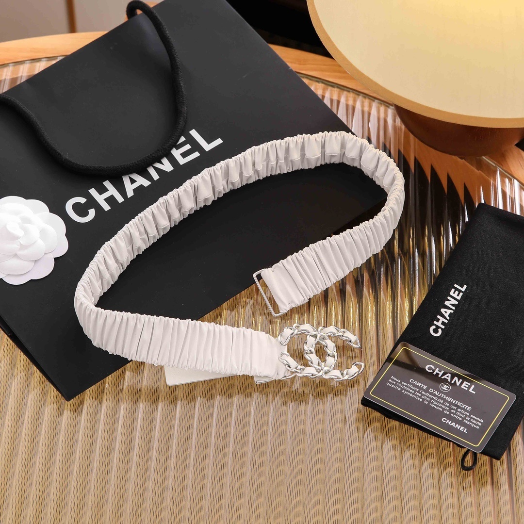Chanel White Ruched Belt with Silver-Tone CC Chain Buckle