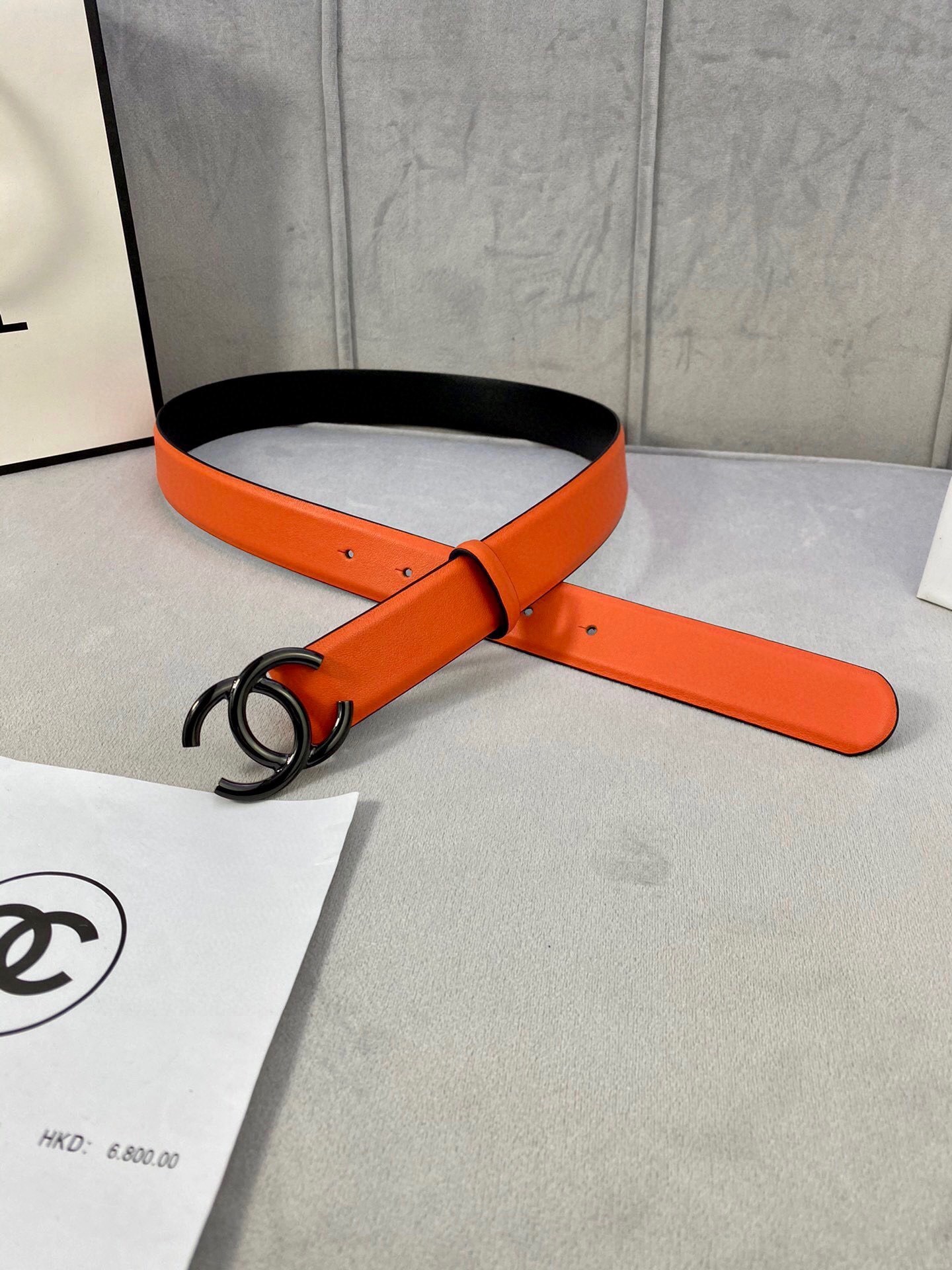Chanel Orange Leather Belt with Matte Black CC Buckle