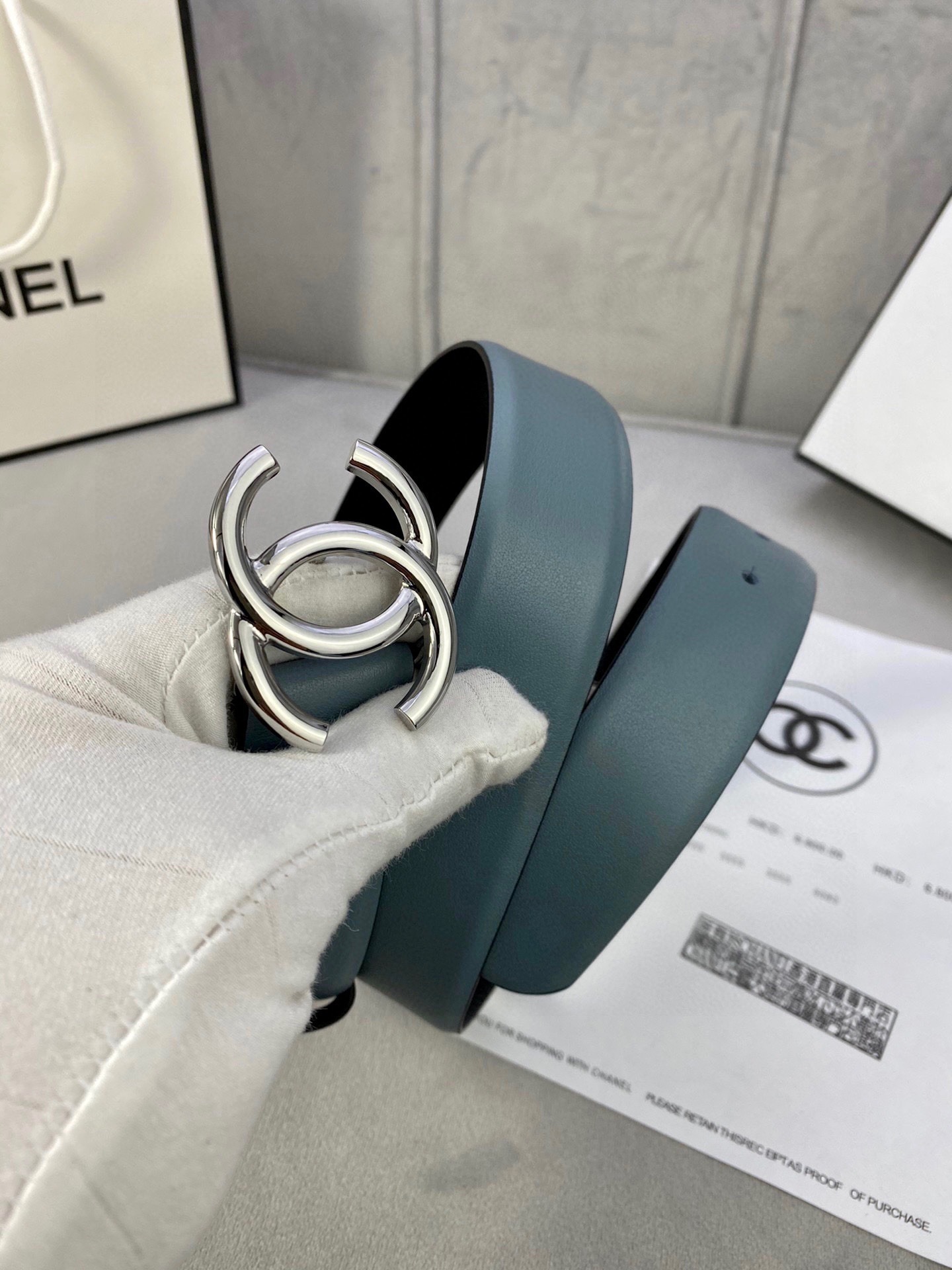 Chanel CC Logo Leather Belt in Elegant Blue with Silver Buckle