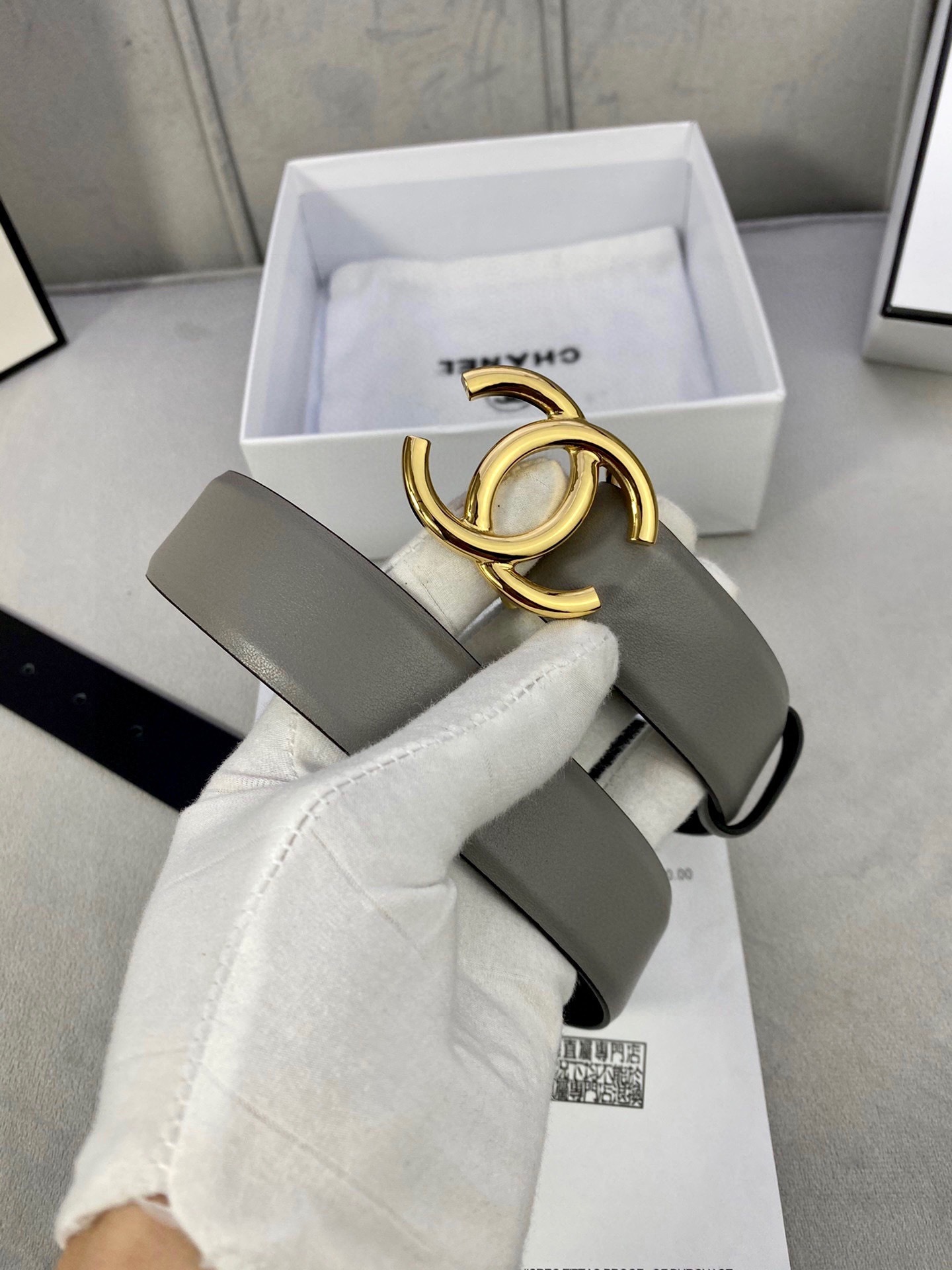 Chanel Grey Leather Belt with Gold CC Buckle - Elegant & Luxury