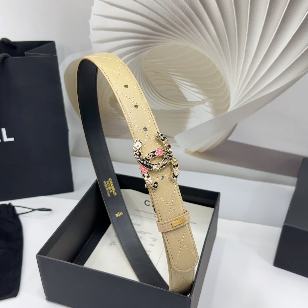 Luxury Quilted Leather Belt with Ornate CC Buckle - Beige