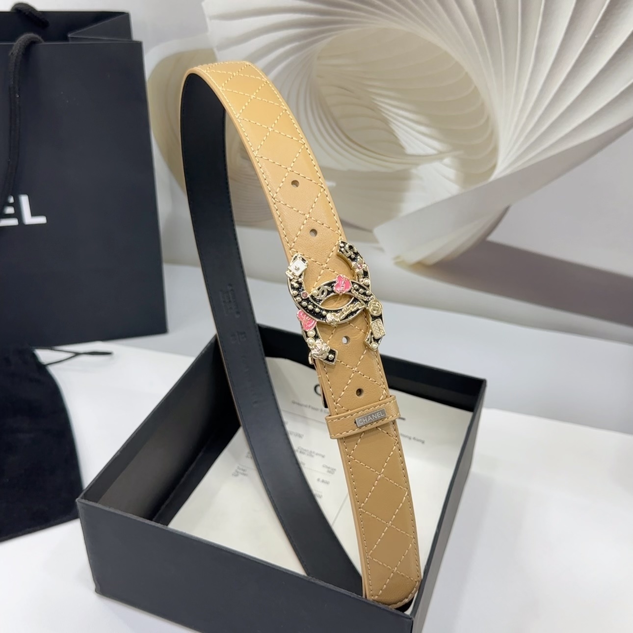 Luxury Quilted Leather Belt with Crystal Heart CC Buckle - Beige