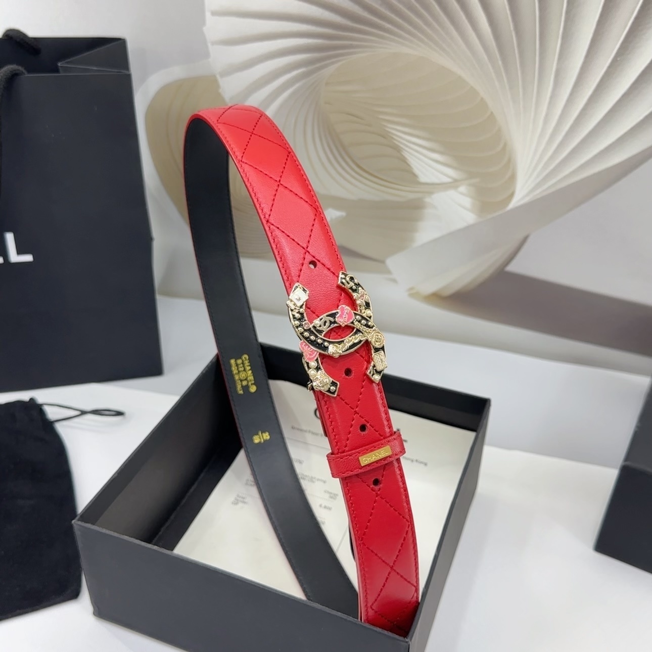 Luxury Red Quilted Leather Belt with Ornate Gold CC Buckle