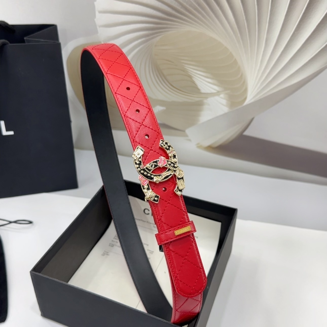 Luxury Red Quilted Leather Belt with Ornate CC Buckle