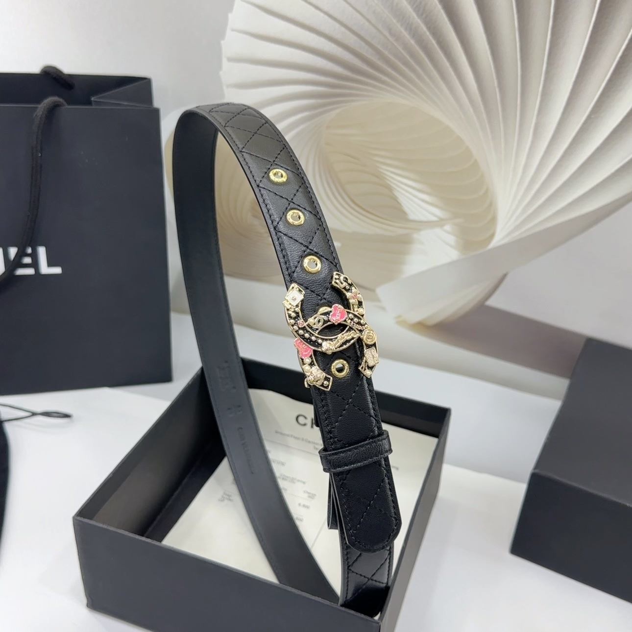 Luxury Quilted Leather Belt with Decorative CC Charm Buckle