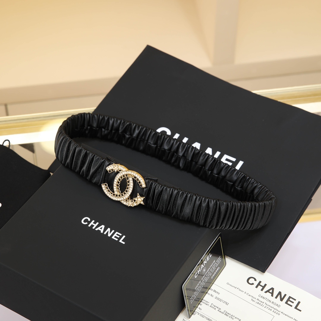 Luxury Chanel CC Crystal Star Elastic Waist Belt - Black