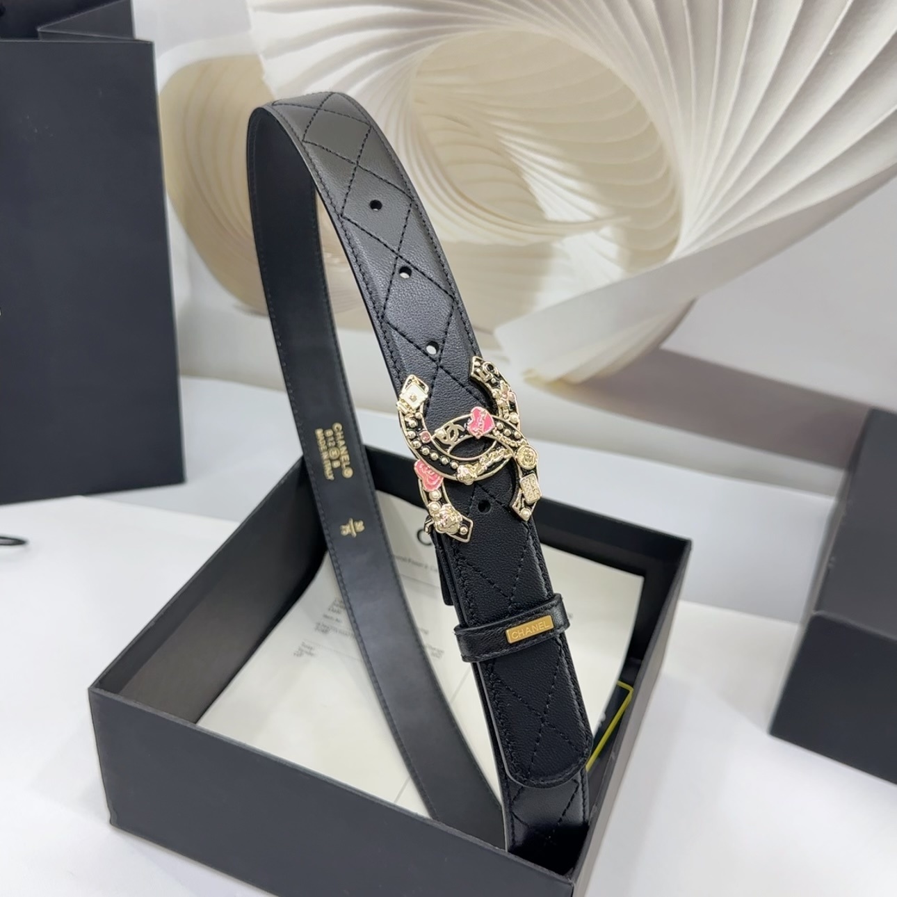 Luxury Quilted Leather Belt with Ornate CC Buckle