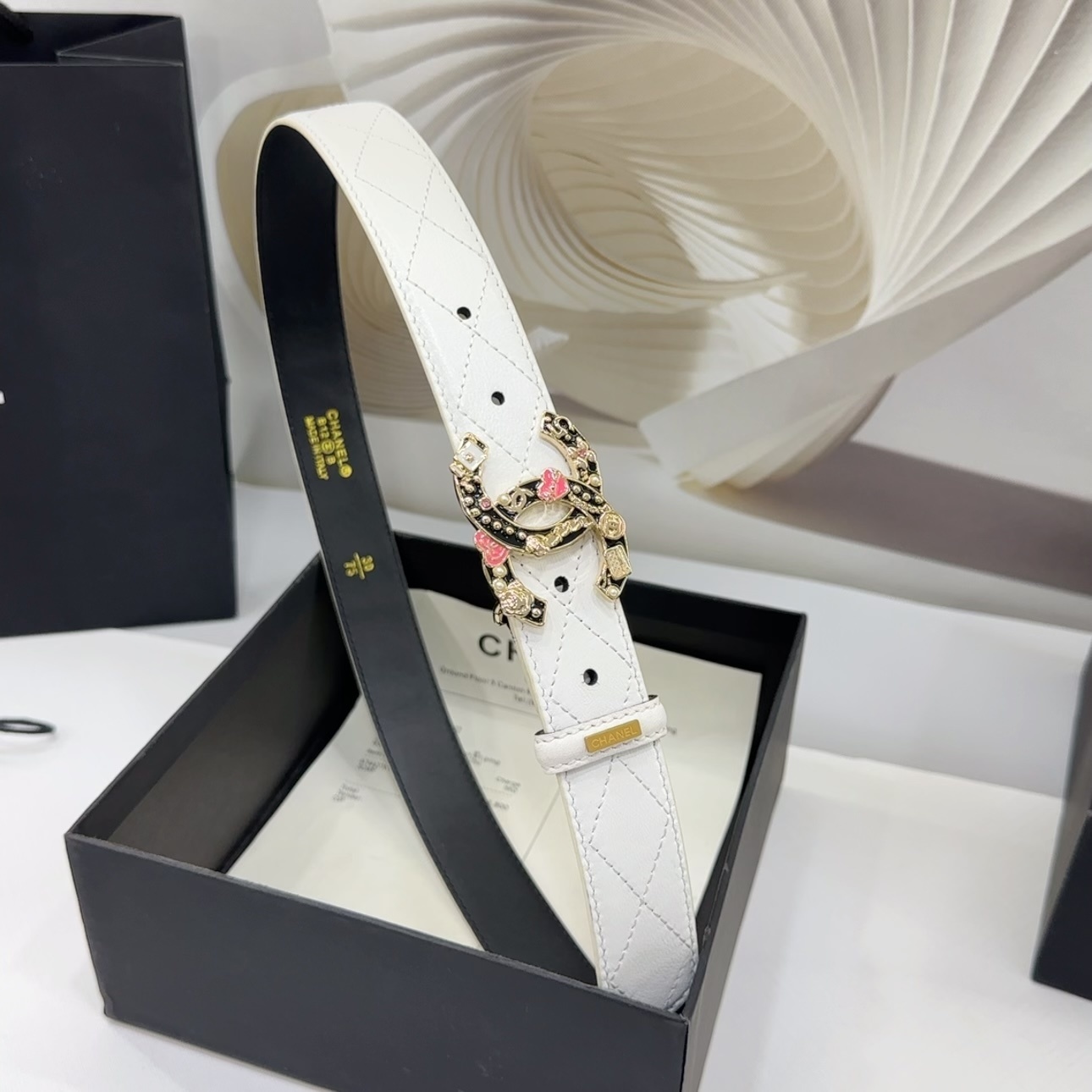 Luxury White Quilted Leather Belt with Ornate CC Buckle