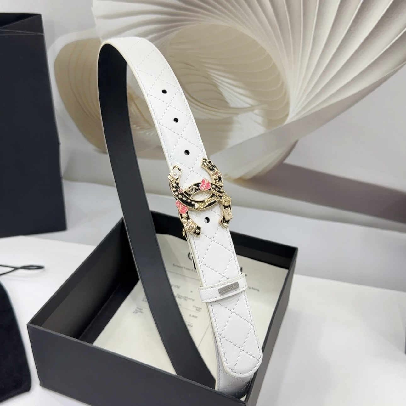 Chanel White Quilted Leather Belt with Heart CC Buckle