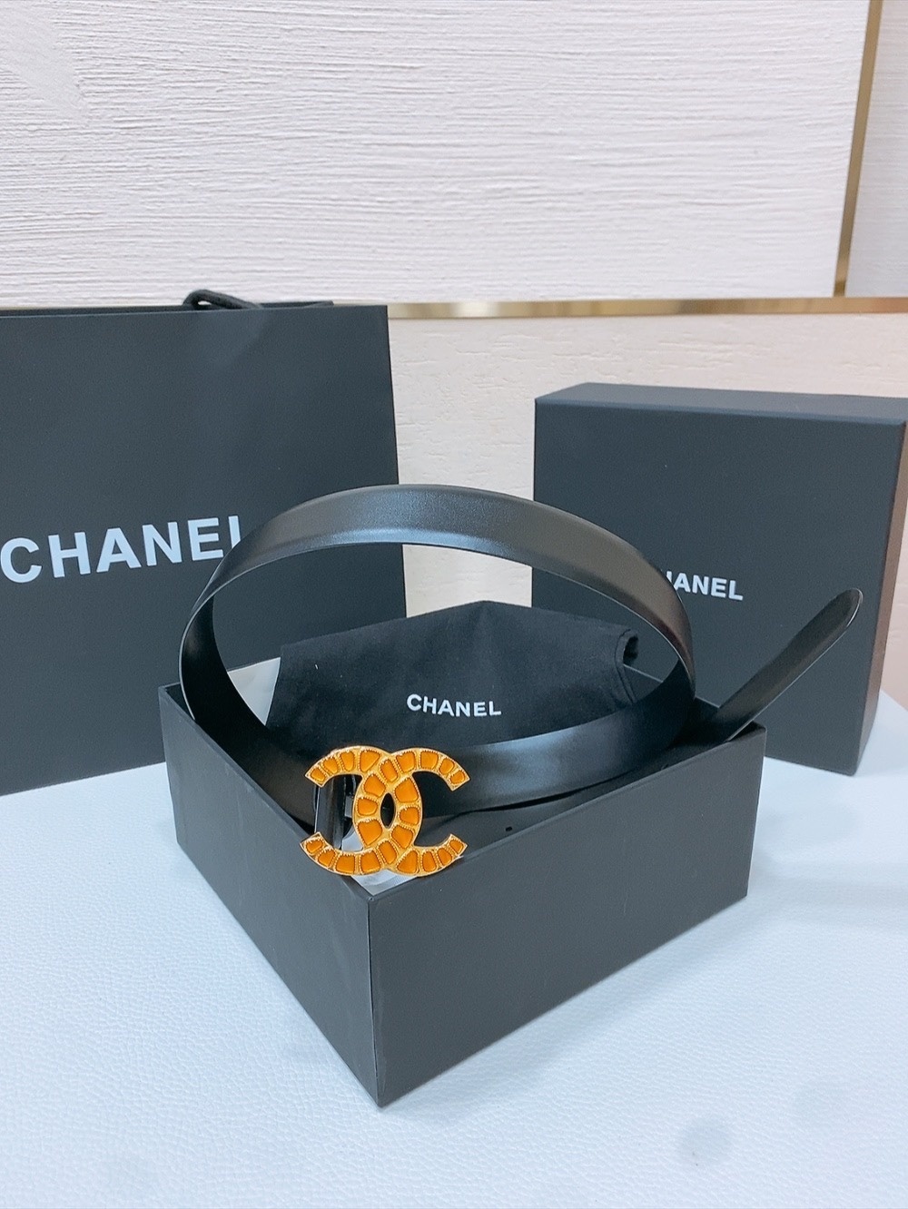 Chanel Black Leather Belt with Orange Mosaic CC Buckle