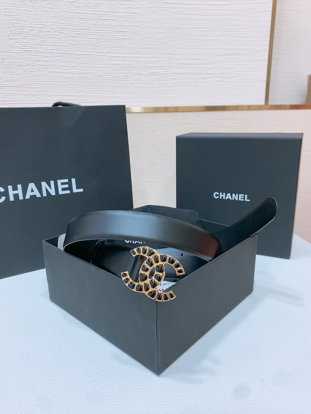 Chanel Black Leather Belt with Gold Mosaic CC Buckle