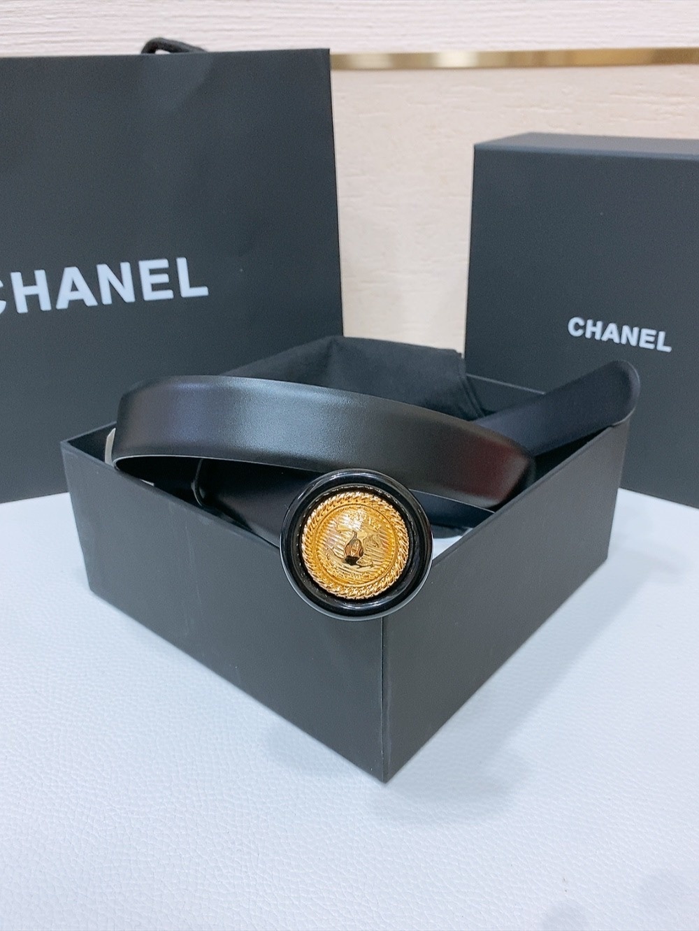 Chanel Black Leather Belt with Gold-Tone Circular CC Buckle