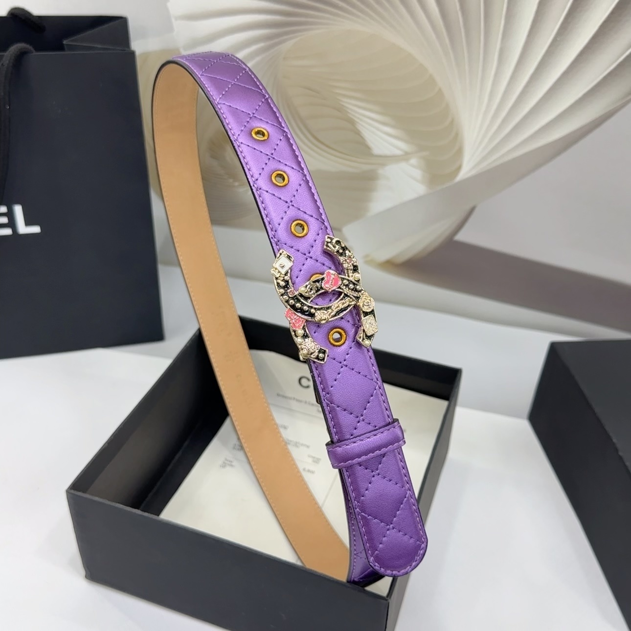 Luxury Purple Quilted Leather Belt with Embellished CC Buckle