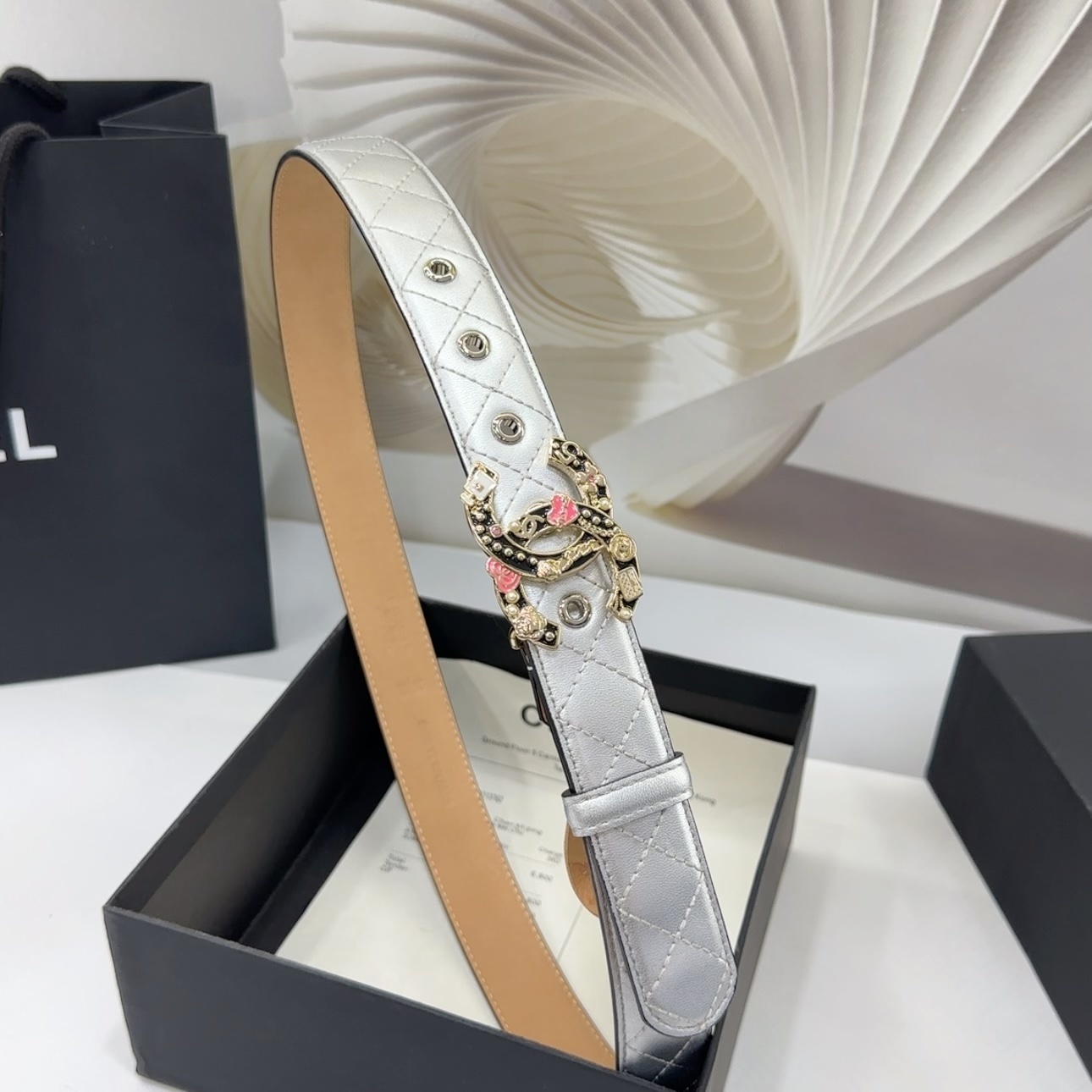 Luxury Silver Quilted Leather Belt with Ornate CC Buckle